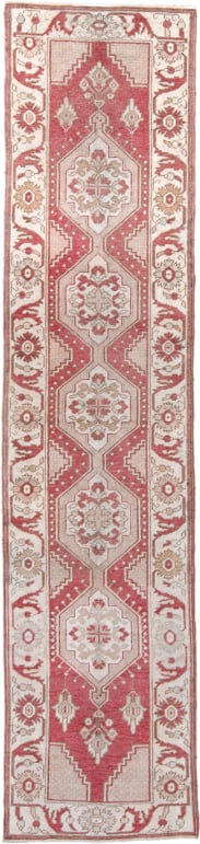 2' x 10' one-of-a-kind handmade antique Oushak runner rug. Color palette: rose, ivory, taupe, beige, rust, pink, red, gray