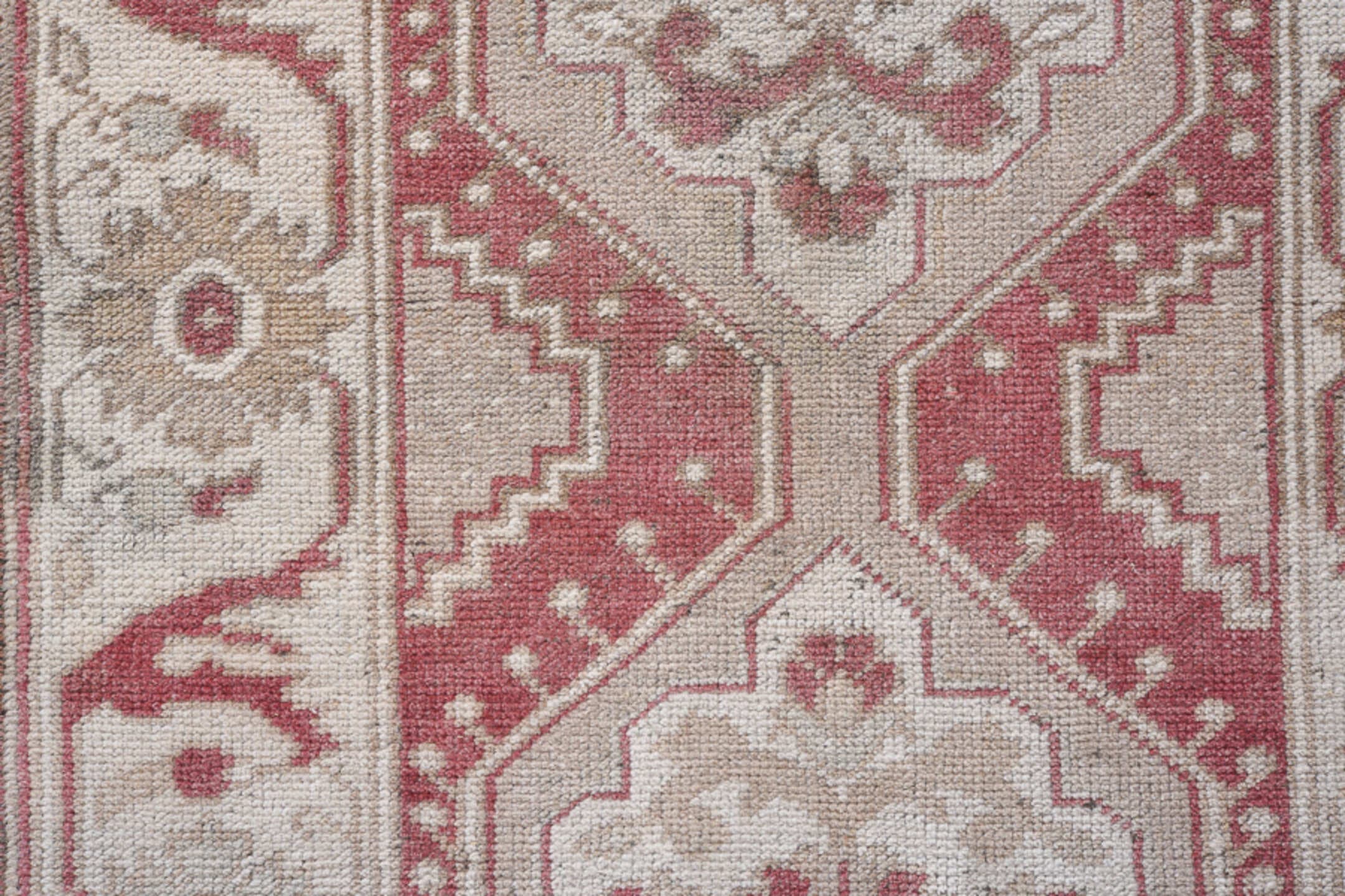 2' x 10' one-of-a-kind handmade antique Oushak runner rug. Color palette: rose, ivory, taupe, beige, rust, pink, red, gray
