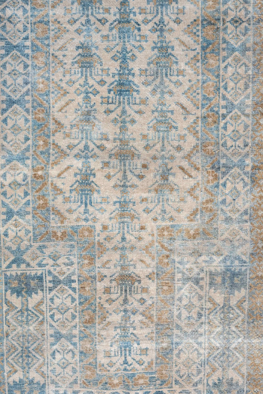 2' x 4' one-of-a-kind handmade antique Belouch small size rug. Color palette: ivory, sky blue, camel, taupe, sand