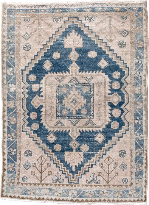 3' x 4' one-of-a-kind handmade antique Hamadan small size rug. Color palette: ivory, navy, light blue, taupe, beige, brown