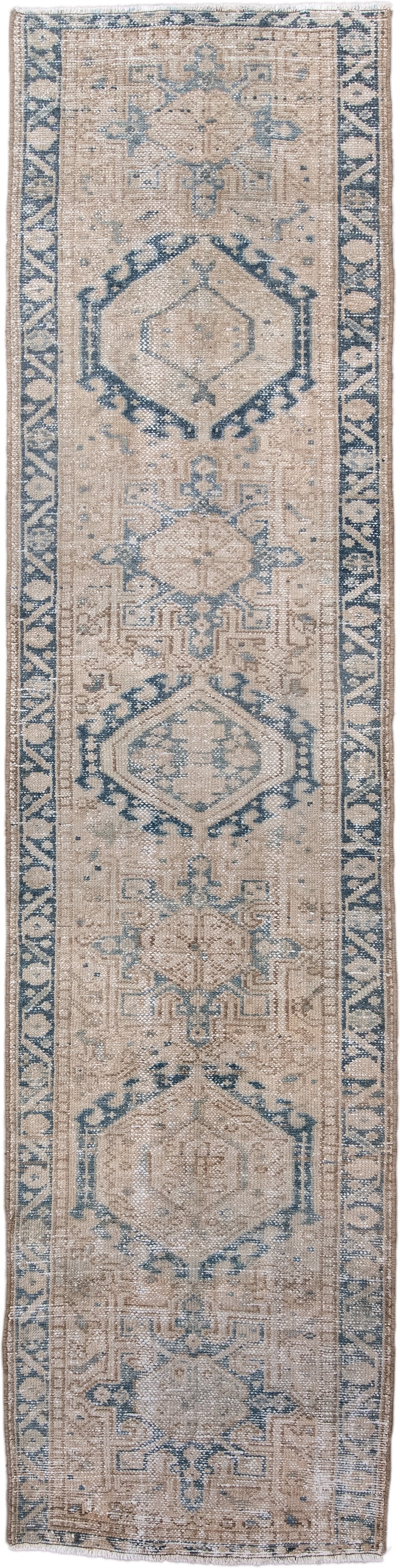 2' x 10' one-of-a-kind handmade antique Karaje runner rug. Color palette: ivory, pale blue, taupe, beige, slate, light blue