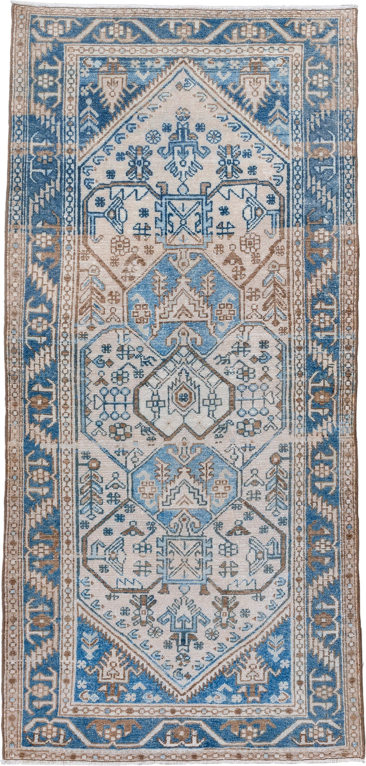 3' x 6' one-of-a-kind handmade vintage Hamadan runner rug. Color palette: ivory, sky_blue, taupe, camel, slate_blue, beige