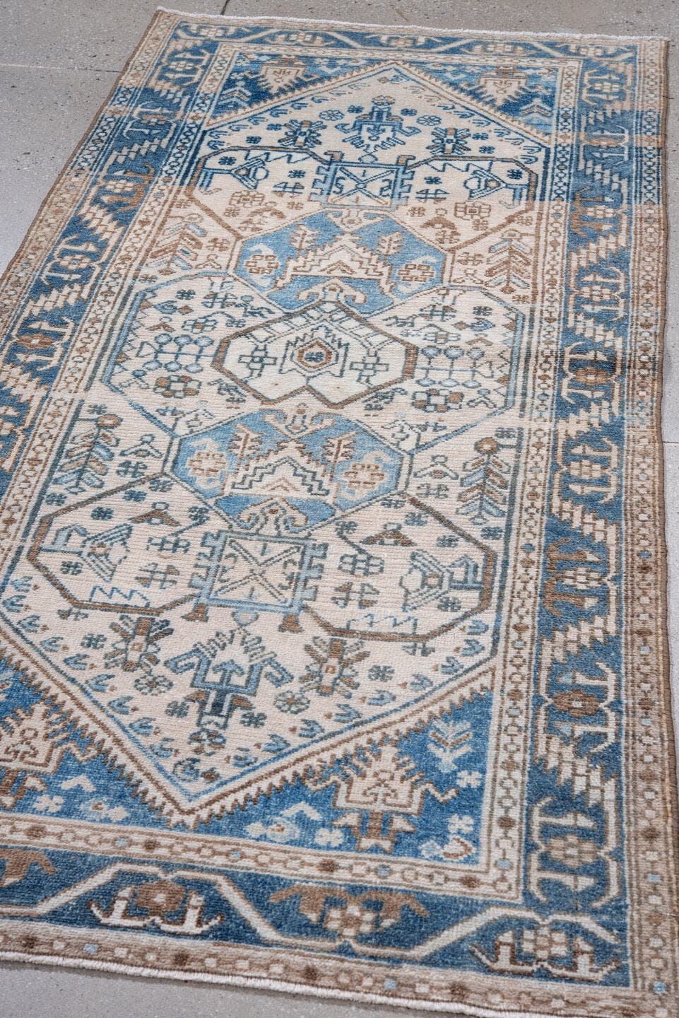3' x 6' one-of-a-kind handmade vintage Hamadan runner rug. Color palette: ivory, sky_blue, taupe, camel, slate_blue, beige