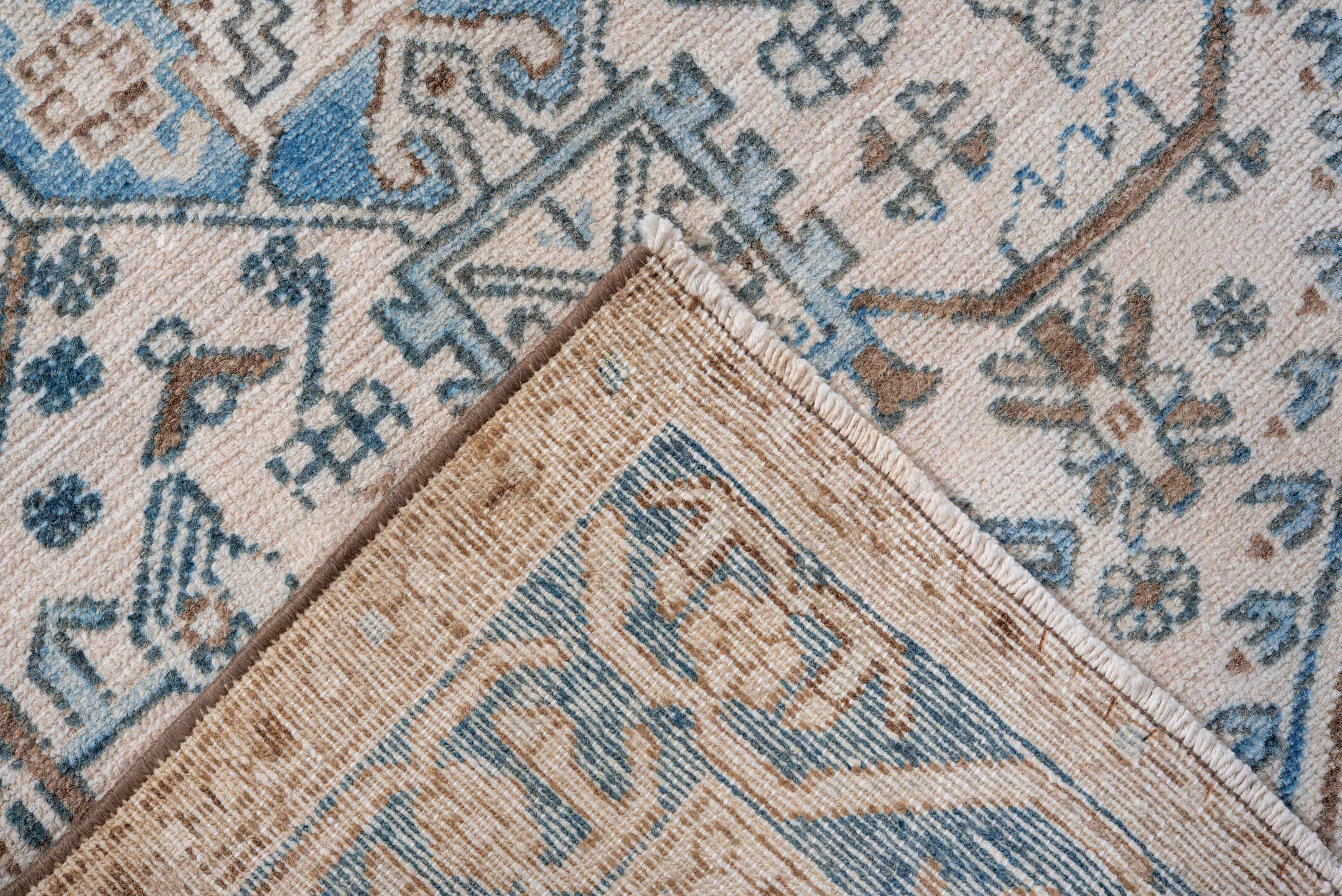 3' x 6' one-of-a-kind handmade vintage Hamadan runner rug. Color palette: ivory, sky_blue, taupe, camel, slate_blue, beige