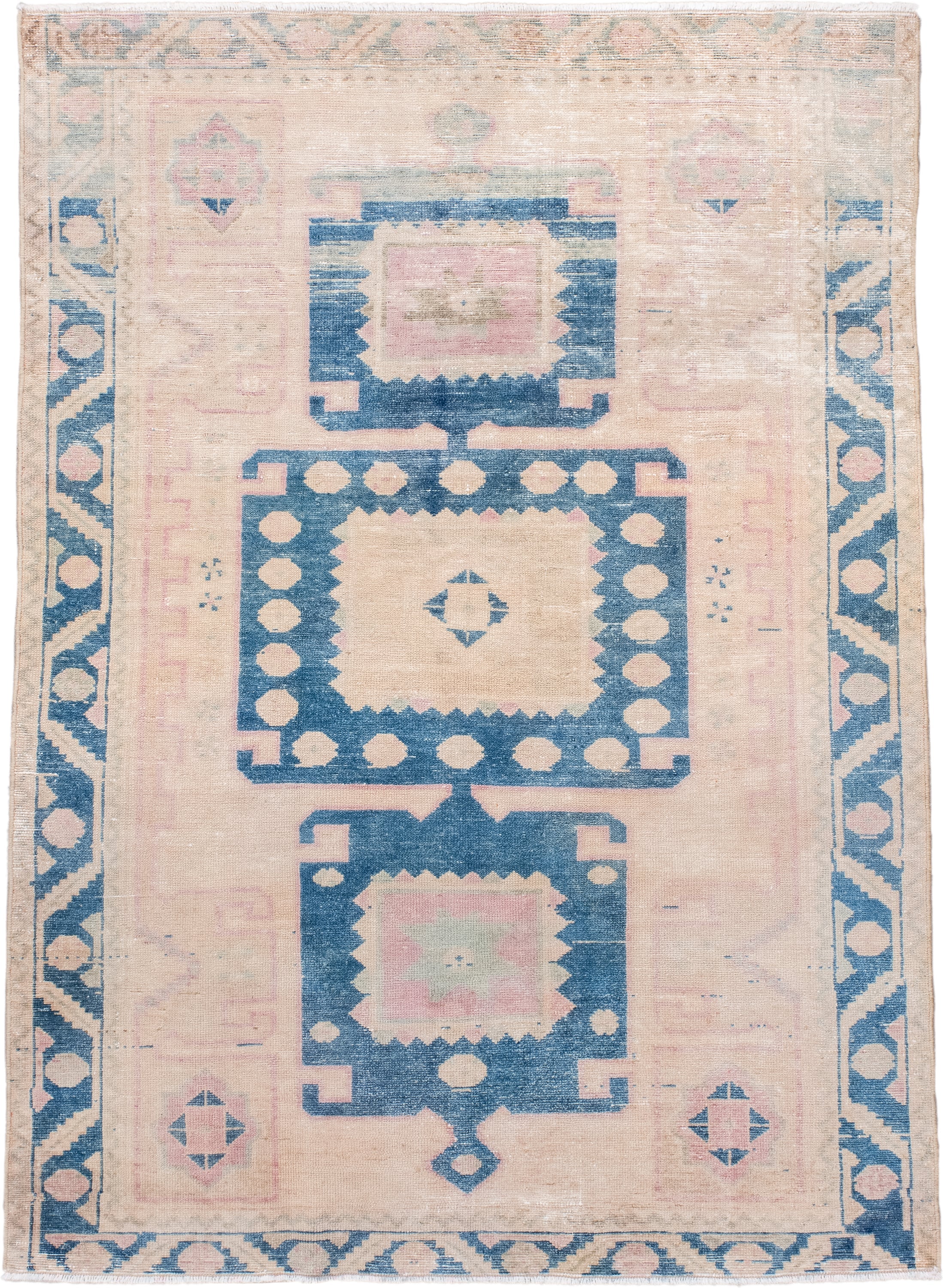 4' x 5' one-of-a-kind handmade vintage Hamadan small size rug. Color palette: ivory, blue, blush, cream, taupe, pink, beige