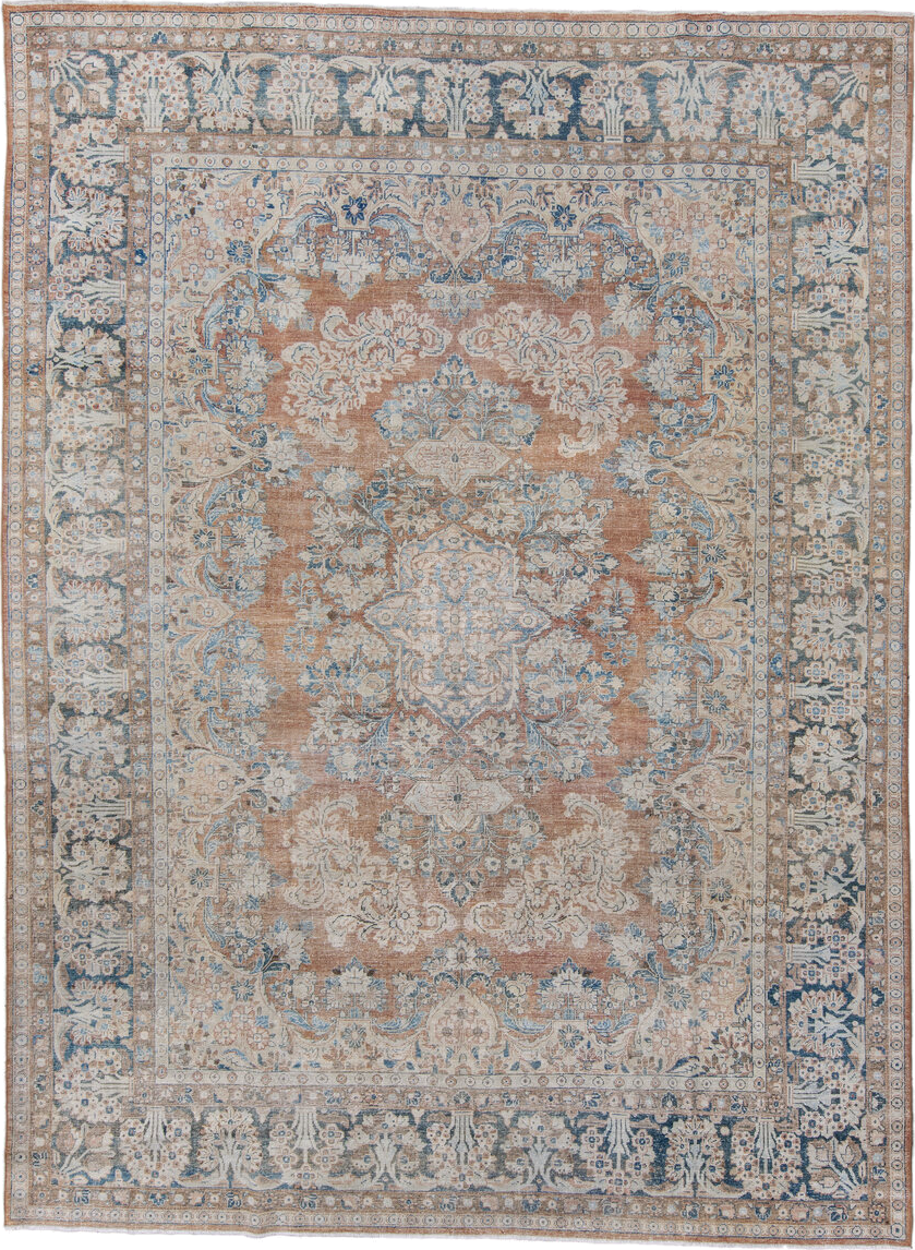 9' x 12' one-of-a-kind handmade antique Mahal large size rug. Color palette: ivory, pale blue, terra cotta, slate, beige