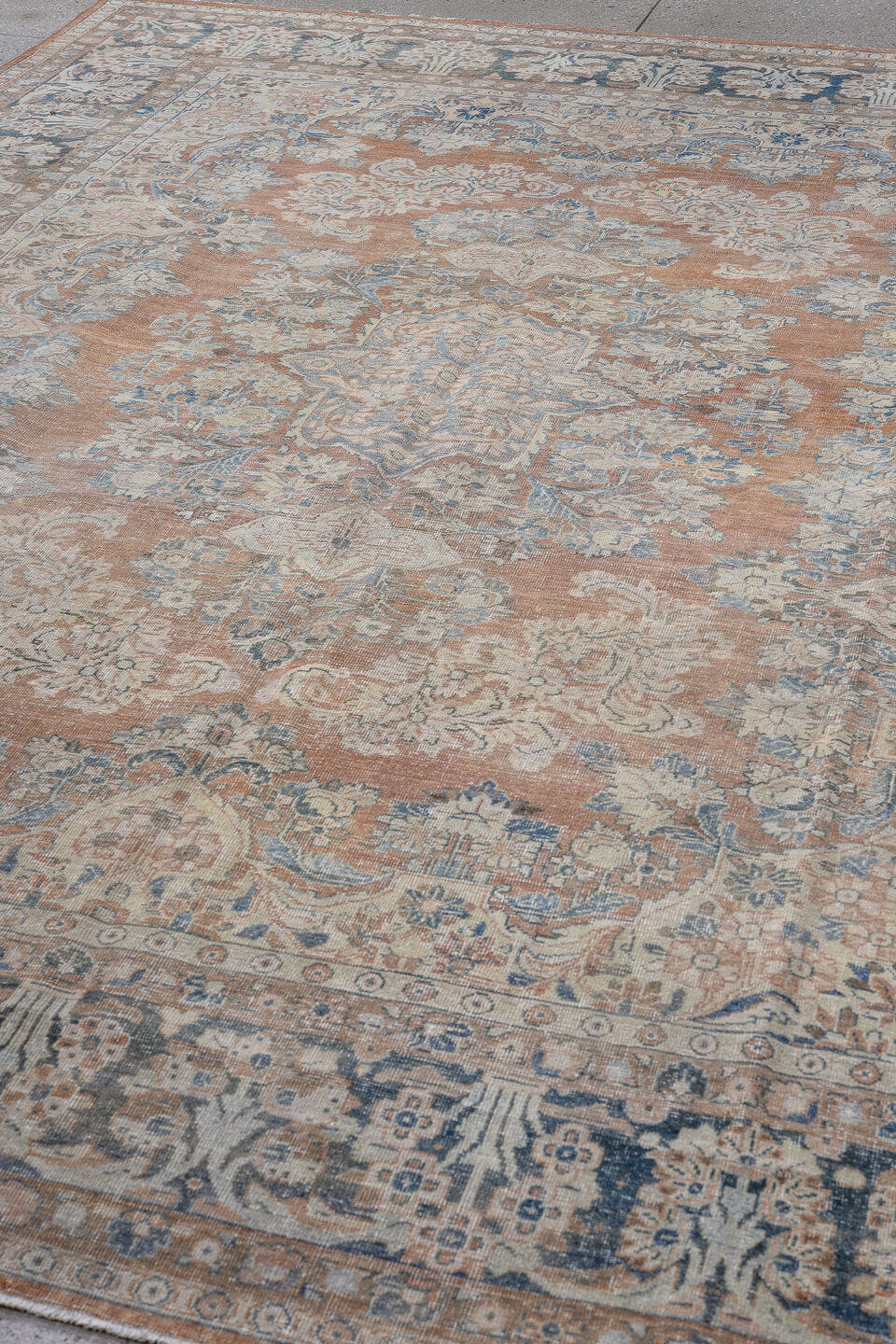 9' x 12' one-of-a-kind handmade antique Mahal large size rug. Color palette: ivory, pale blue, terra cotta, slate, beige