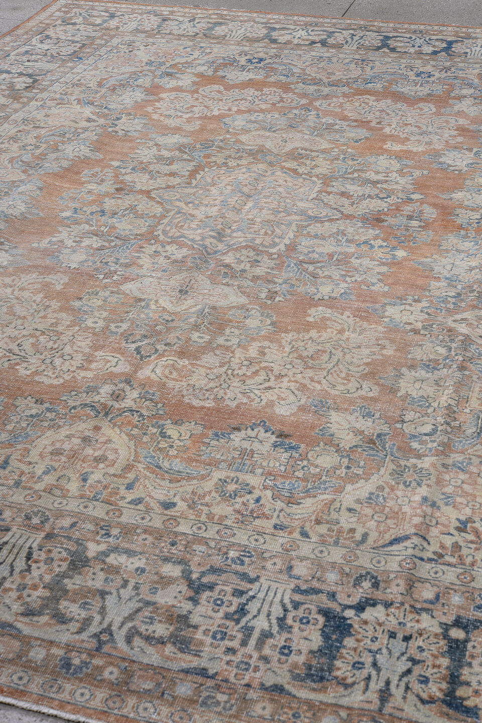 9' x 12' one-of-a-kind handmade antique Mahal large size rug. Color palette: ivory, pale blue, terra cotta, slate, beige