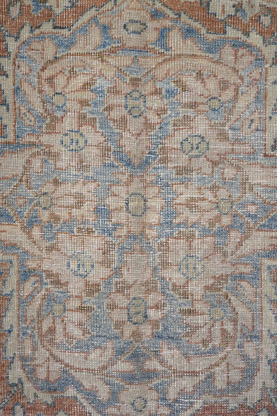 9' x 12' one-of-a-kind handmade antique Mahal large size rug. Color palette: ivory, pale blue, terra cotta, slate, beige