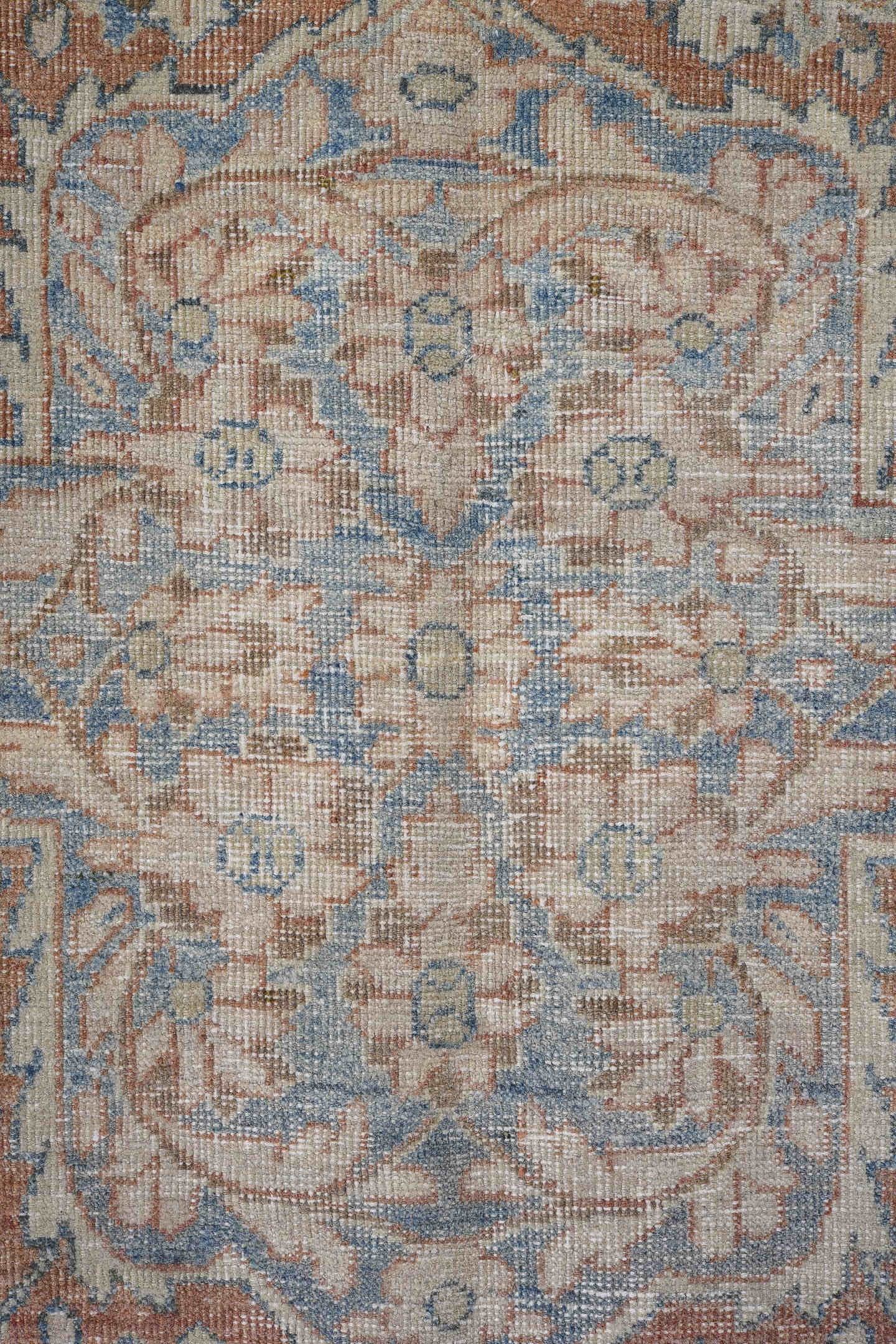 9' x 12' one-of-a-kind handmade antique Mahal large size rug. Color palette: ivory, pale blue, terra cotta, slate, beige
