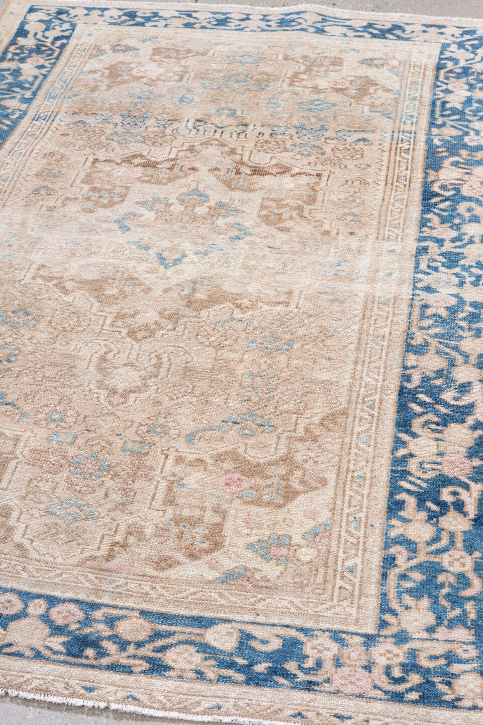 4' x 6' one-of-a-kind handmade antique Hamadan small size rug. Color palette: ivory, beige, sky blue, taupe, camel