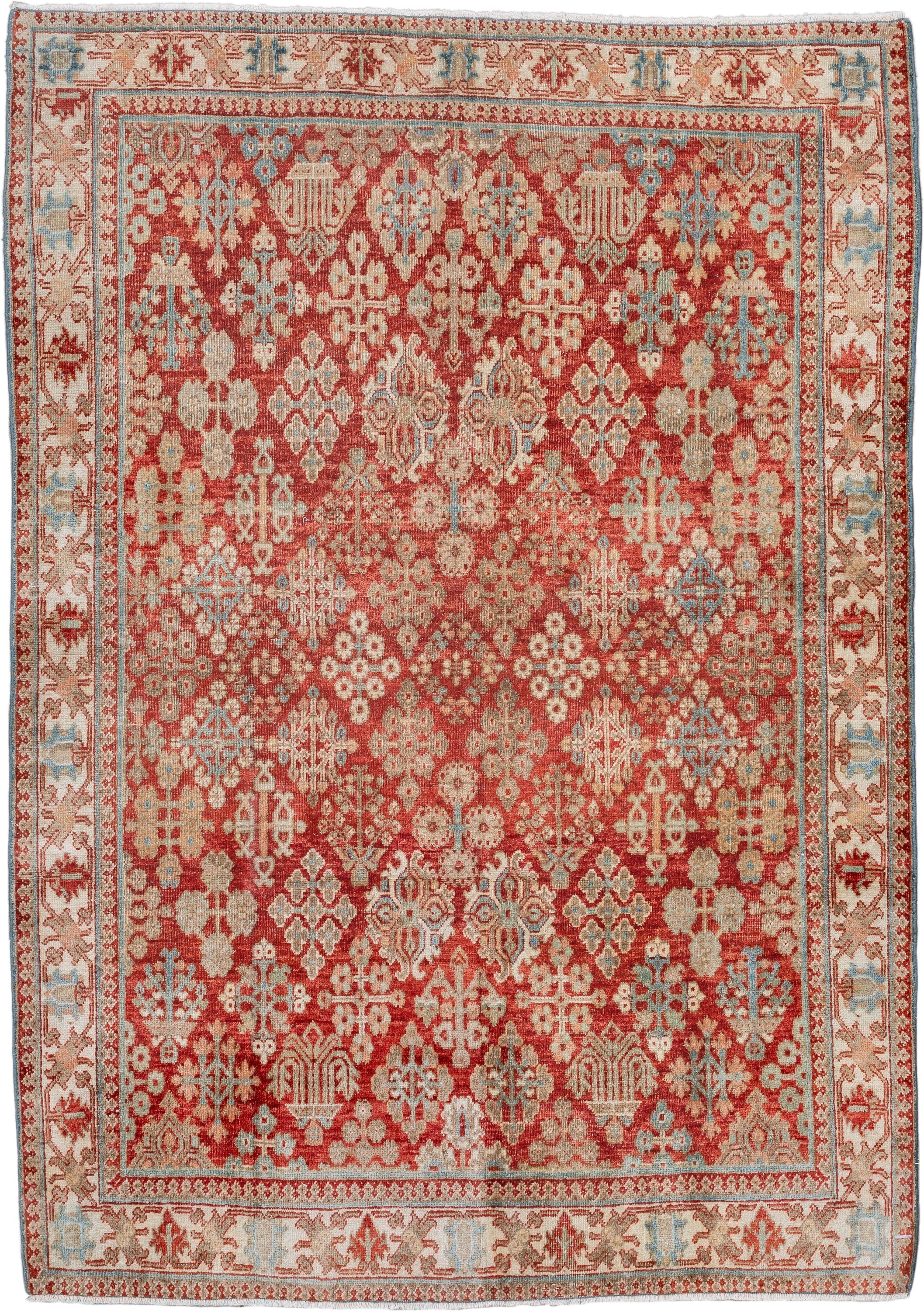 3' x 5' one-of-a-kind handmade vintage Joshegan small size rug. Color palette: rust, ivory, sky_blue, beige, terracotta