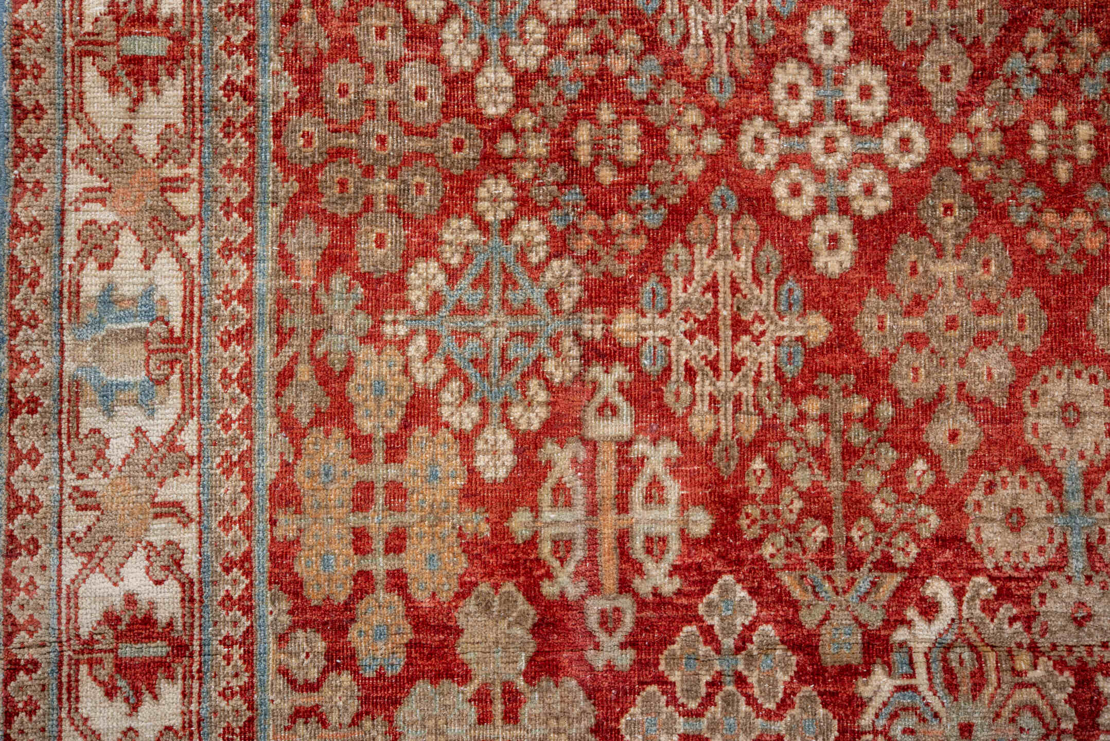 3' x 5' one-of-a-kind handmade vintage Joshegan small size rug. Color palette: rust, ivory, sky_blue, beige, terracotta