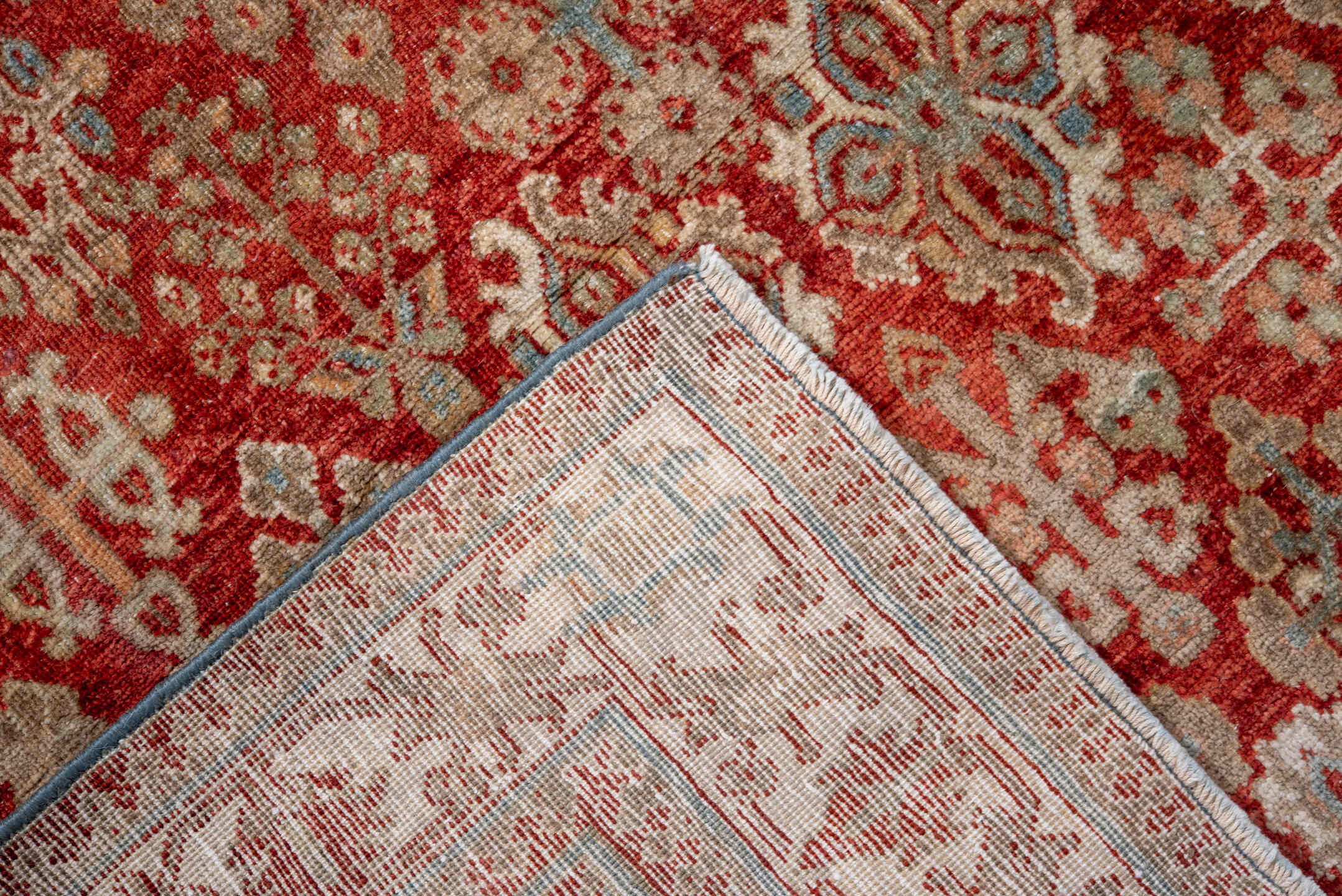 3' x 5' one-of-a-kind handmade vintage Joshegan small size rug. Color palette: rust, ivory, sky_blue, beige, terracotta