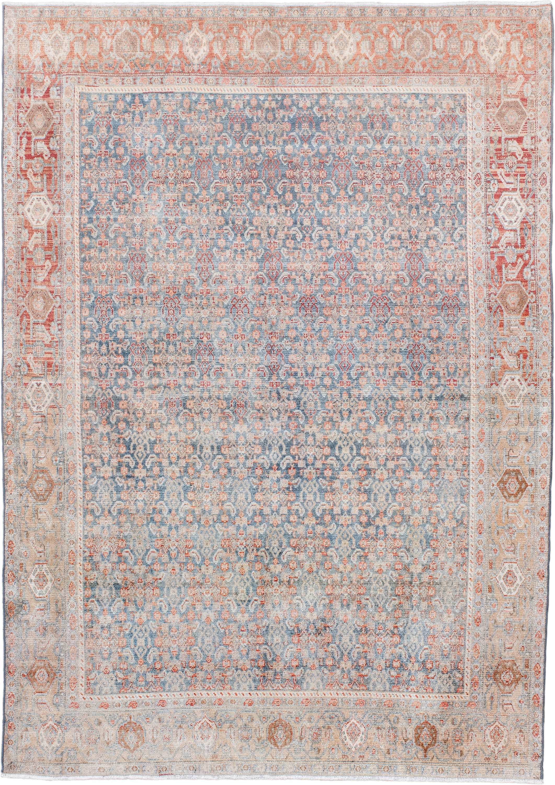 4' x 6' one-of-a-kind handmade antique Senne small size rug. Color palette: pale blue, ivory, coral, beige, salmon, taupe
