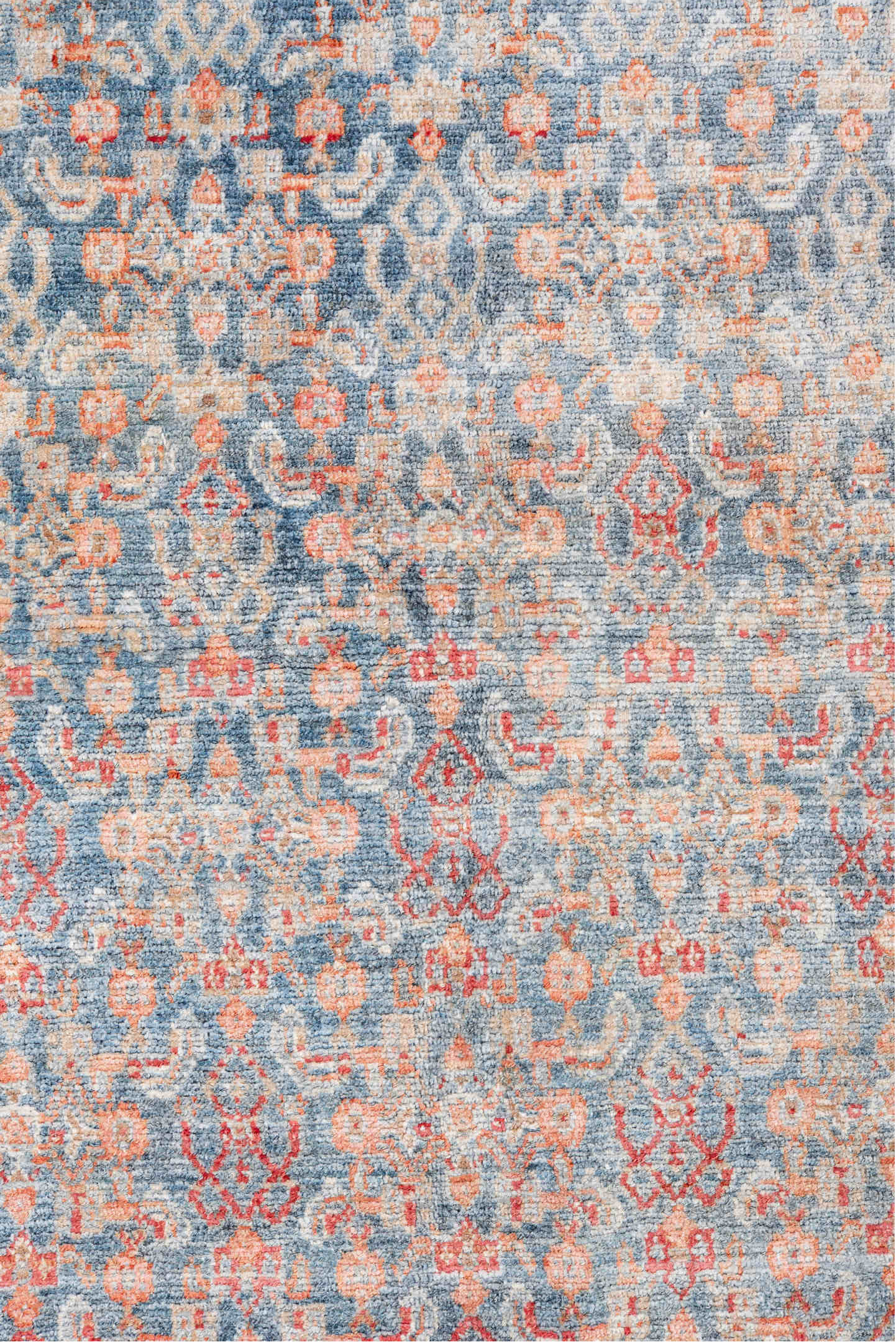 4' x 6' one-of-a-kind handmade antique Senne small size rug. Color palette: pale blue, ivory, coral, beige, salmon, taupe