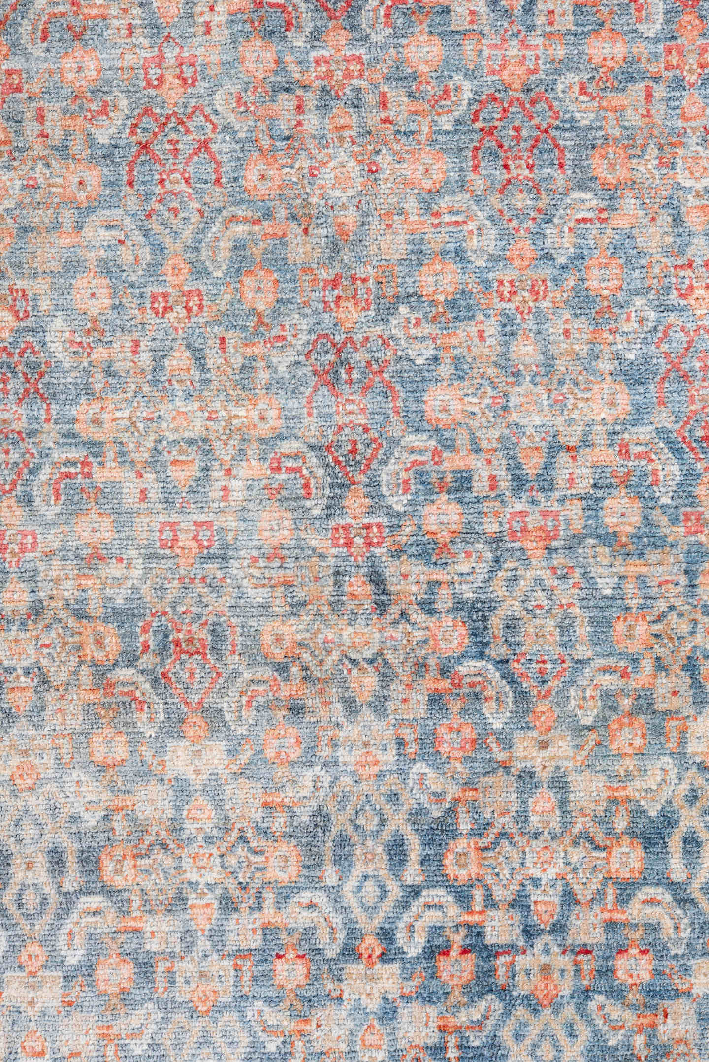 4' x 6' one-of-a-kind handmade antique Senne small size rug. Color palette: pale blue, ivory, coral, beige, salmon, taupe