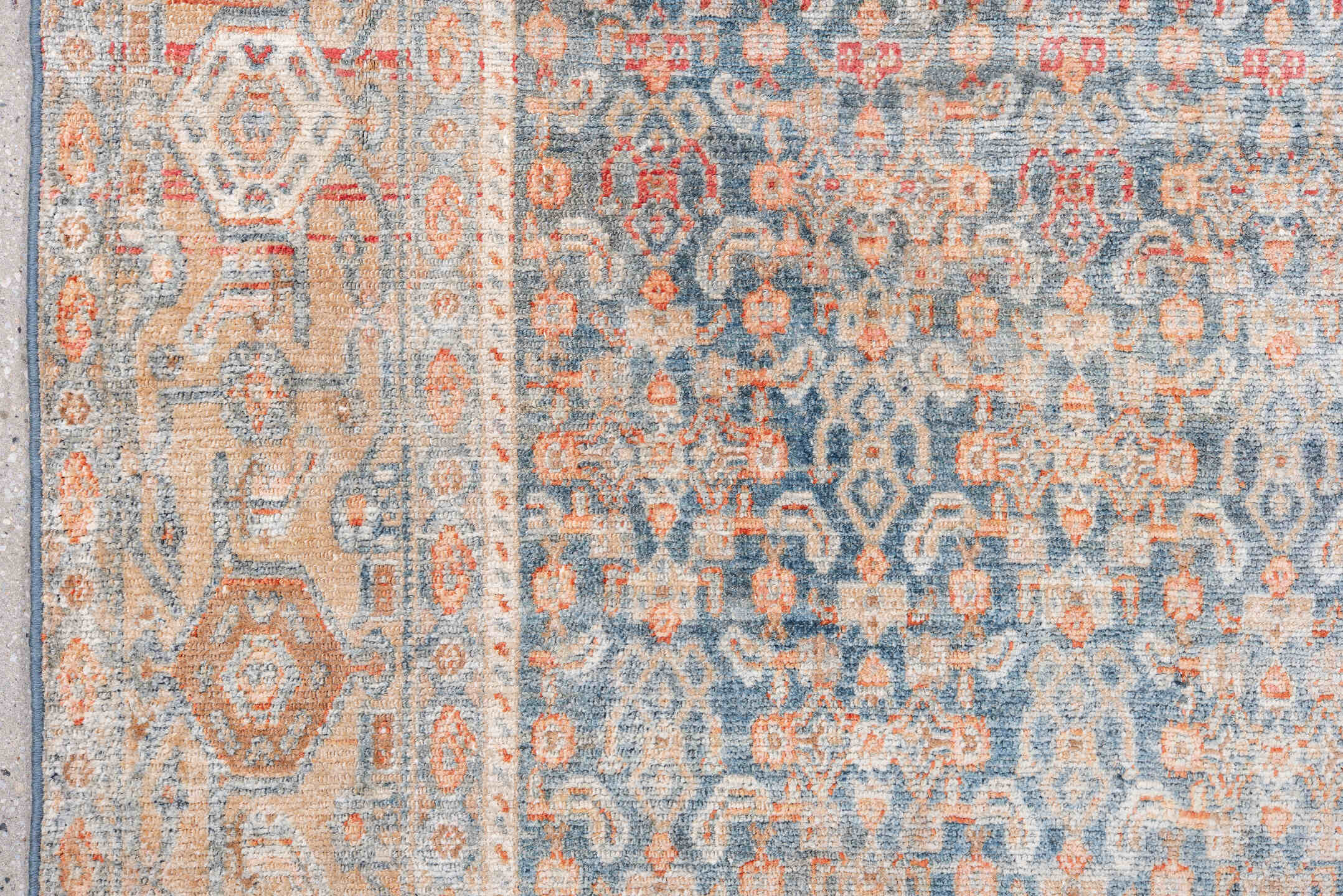 4' x 6' one-of-a-kind handmade antique Senne small size rug. Color palette: pale blue, ivory, coral, beige, salmon, taupe