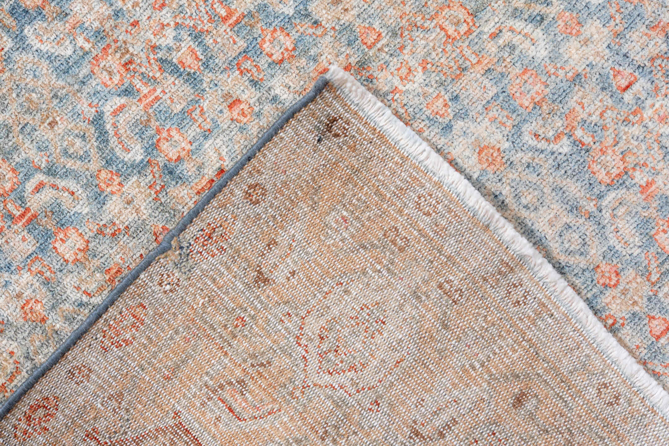 4' x 6' one-of-a-kind handmade antique Senne small size rug. Color palette: pale blue, ivory, coral, beige, salmon, taupe