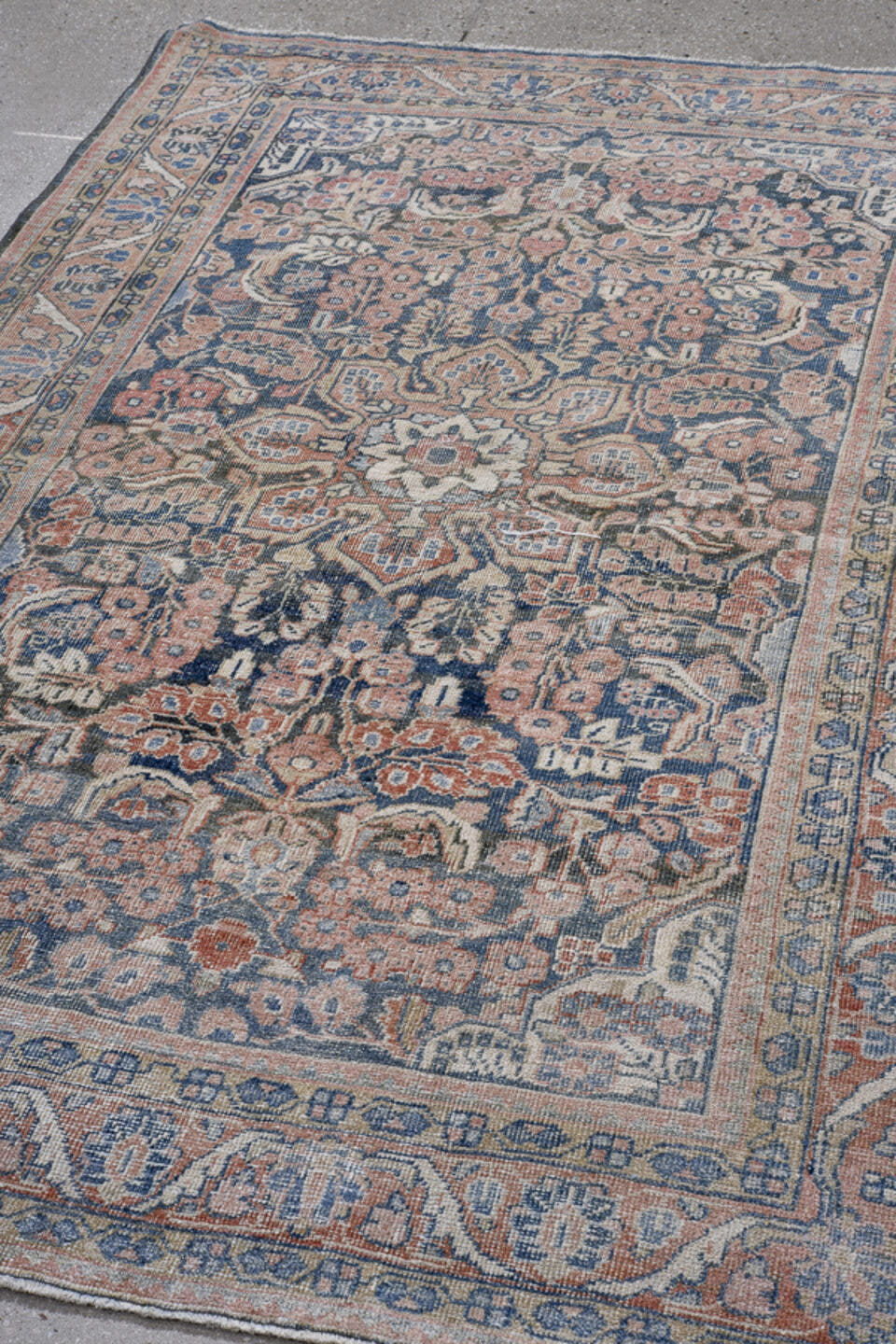 4' x 6' one-of-a-kind handmade antique Mahal small size rug. Color palette: navy, ivory, blush, rust, slate, cream