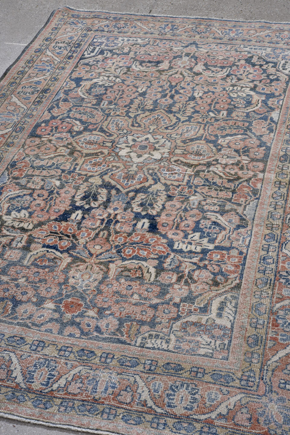 4' x 6' one-of-a-kind handmade antique Mahal small size rug. Color palette: navy, ivory, blush, rust, slate, cream