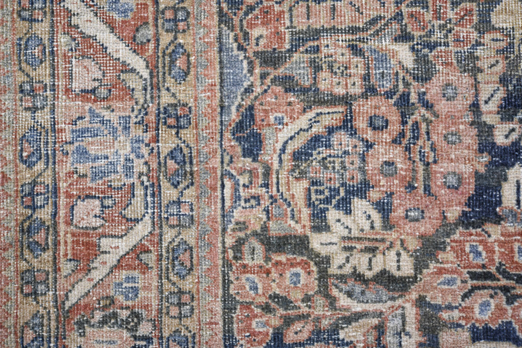 4' x 6' one-of-a-kind handmade antique Mahal small size rug. Color palette: navy, ivory, blush, rust, slate, cream