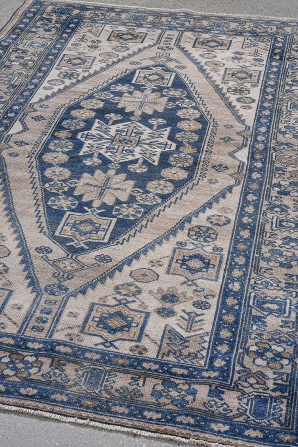 4' x 6' one-of-a-kind handmade antique Malayer small size rug. Color palette: ivory, navy, slate, taupe, camel, denim_blue