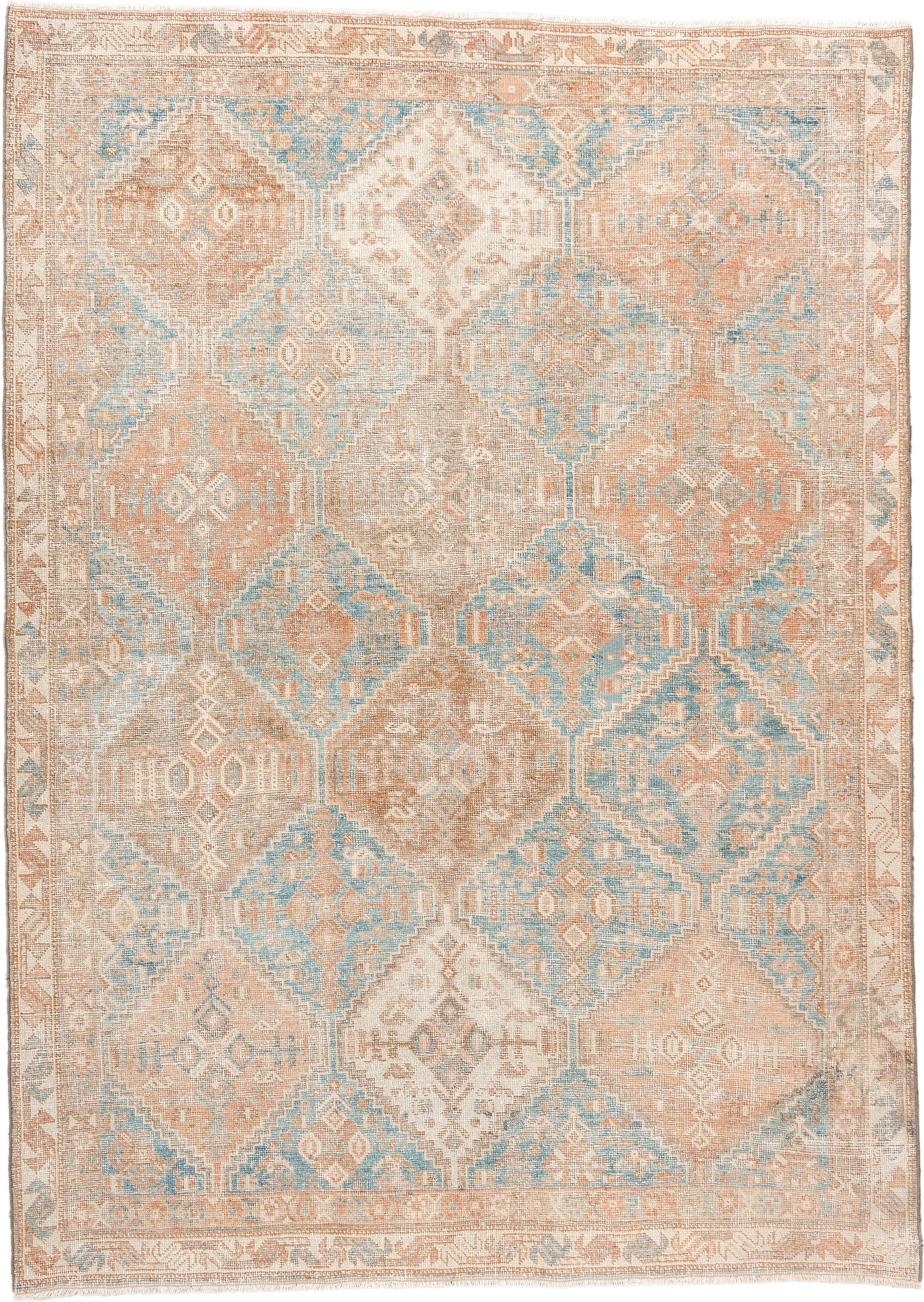 4' x 6' one-of-a-kind handmade antique Afshar rug. Color palette: peach, aqua, ivory, beige, tan, terracotta, pink, teal