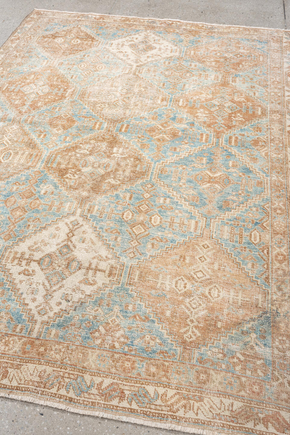 4' x 6' one-of-a-kind handmade antique Afshar rug. Color palette: peach, aqua, ivory, beige, tan, terracotta, pink, teal