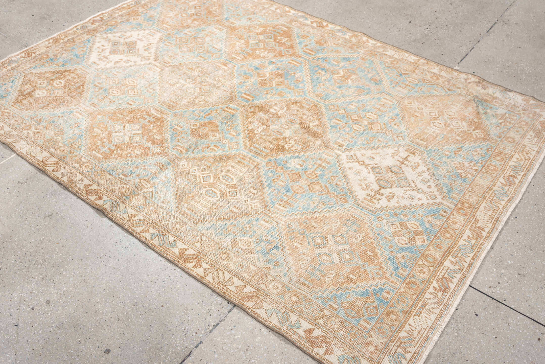 4' x 6' one-of-a-kind handmade antique Afshar rug. Color palette: peach, aqua, ivory, beige, tan, terracotta, pink, teal