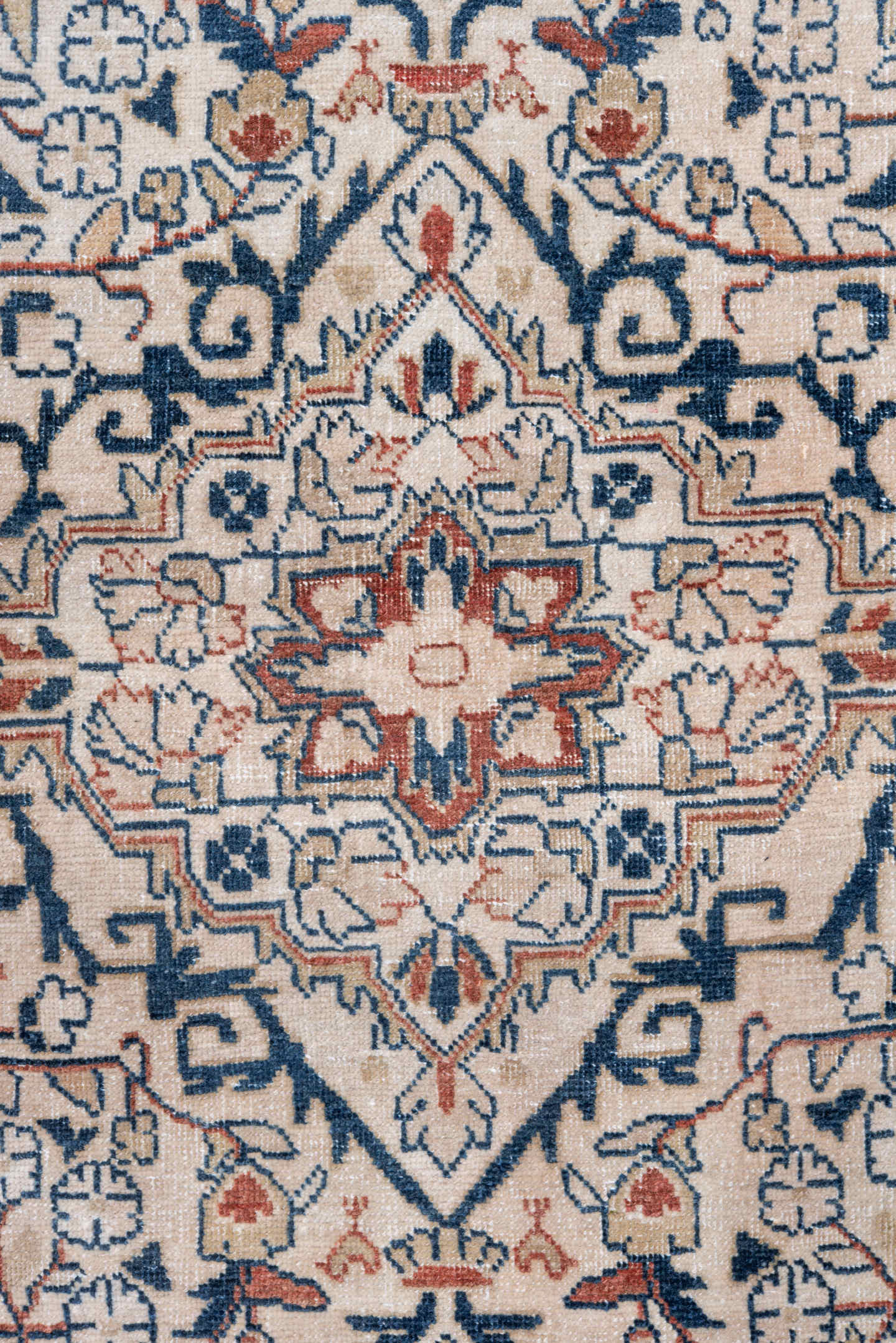 3' x 5' one-of-a-kind handmade antique Sarouk small size rug. Color palette: ivory, navy, coral, rust, slate, rose, blue