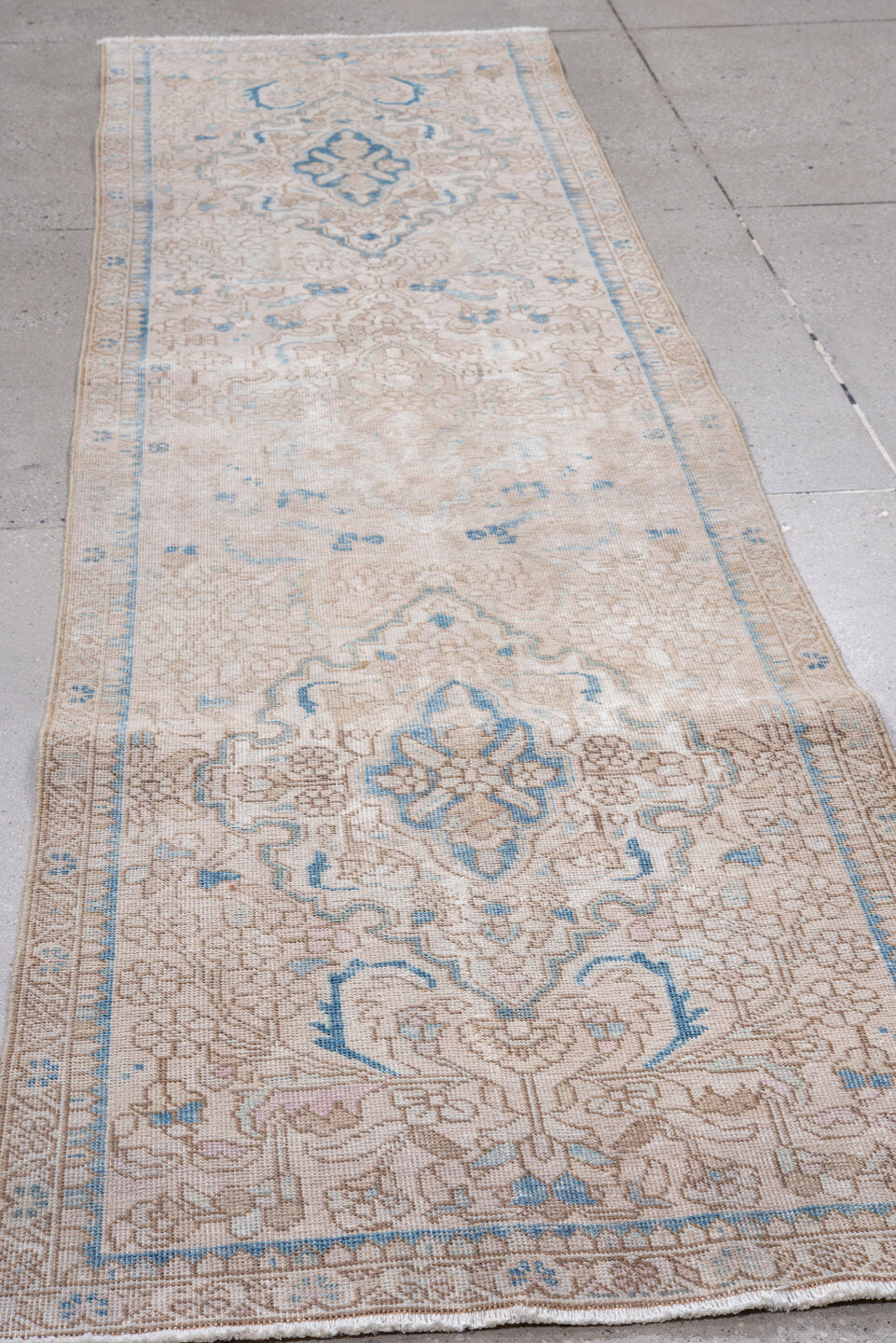 2' x 10' one-of-a-kind handmade vintage Sarab runner rug. Color palette: ivory, beige, sky_blue, taupe, camel, light blue