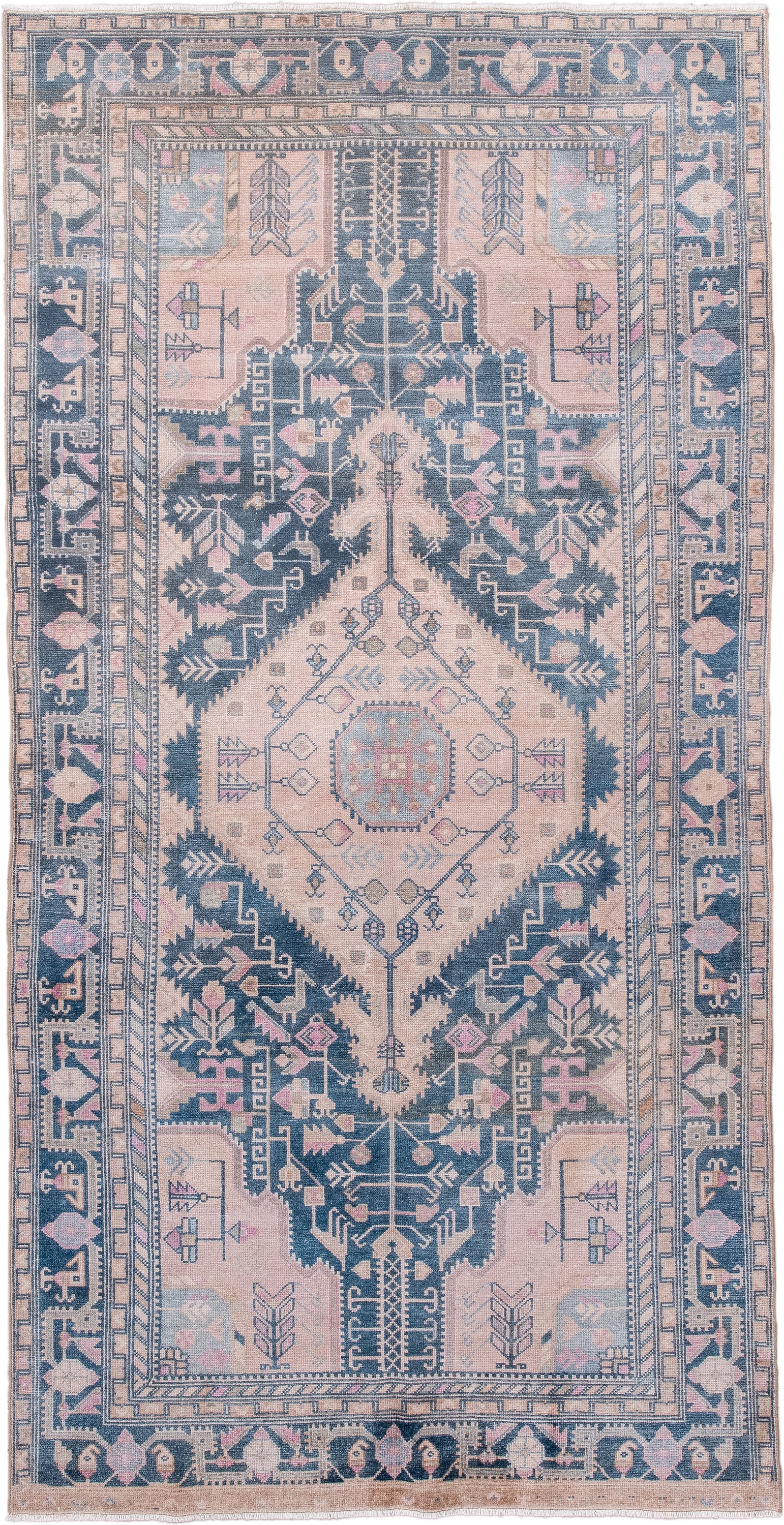 4' x 9' one-of-a-kind handmade antique Hamadan rug. Color palette: blush, indigo, ivory, dusty rose, slate, taupe, pink
