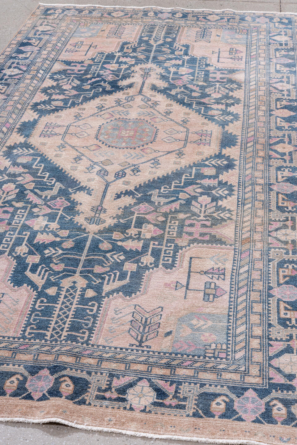 4' x 9' one-of-a-kind handmade antique Hamadan rug. Color palette: blush, indigo, ivory, dusty rose, slate, taupe, pink
