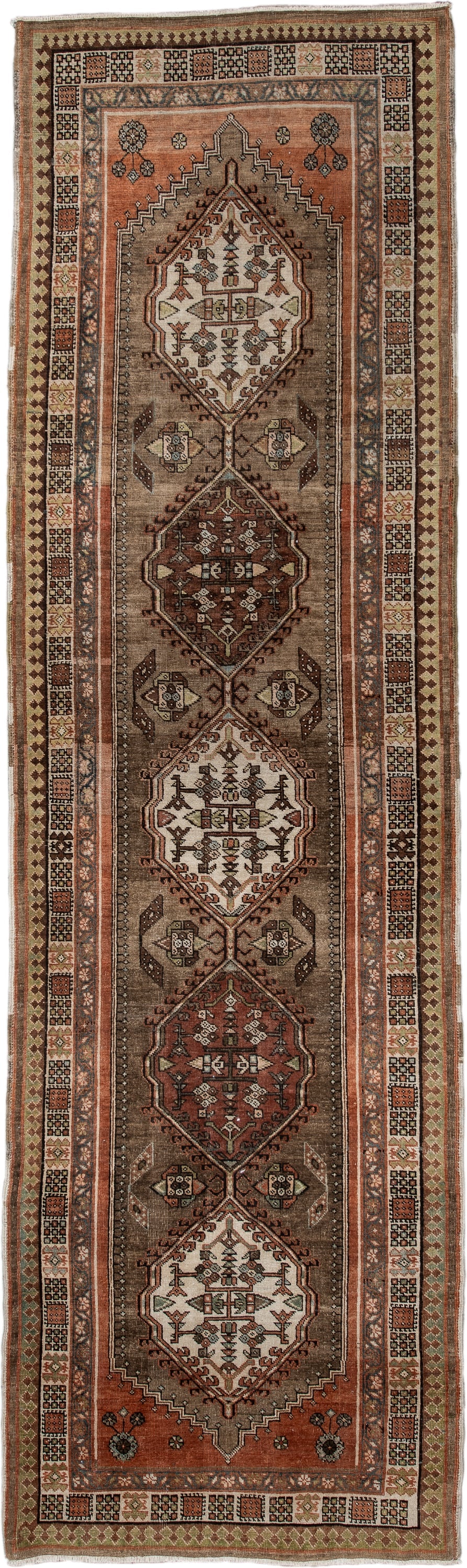 3' x 10' one-of-a-kind handmade antique Sarab runner rug. Color palette: taupe, camel, rust, ivory, brown, sage, slate