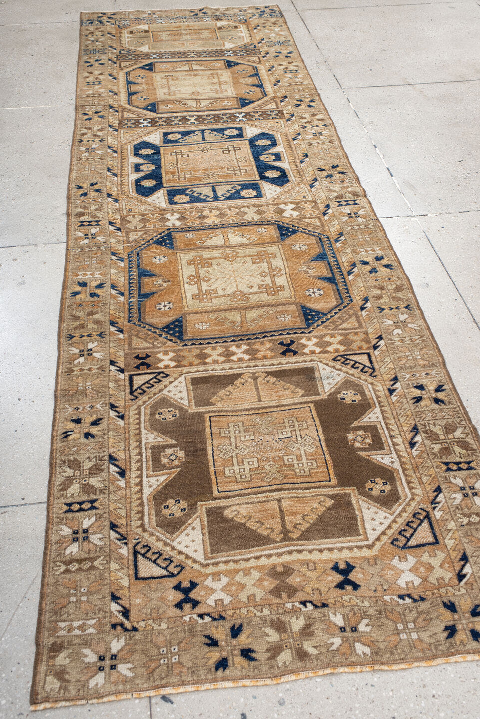 3' x 11' one-of-a-kind handmade vintage Oushak runner rug. Color palette: taupe, ivory, sand, navy, camel, beige, brown