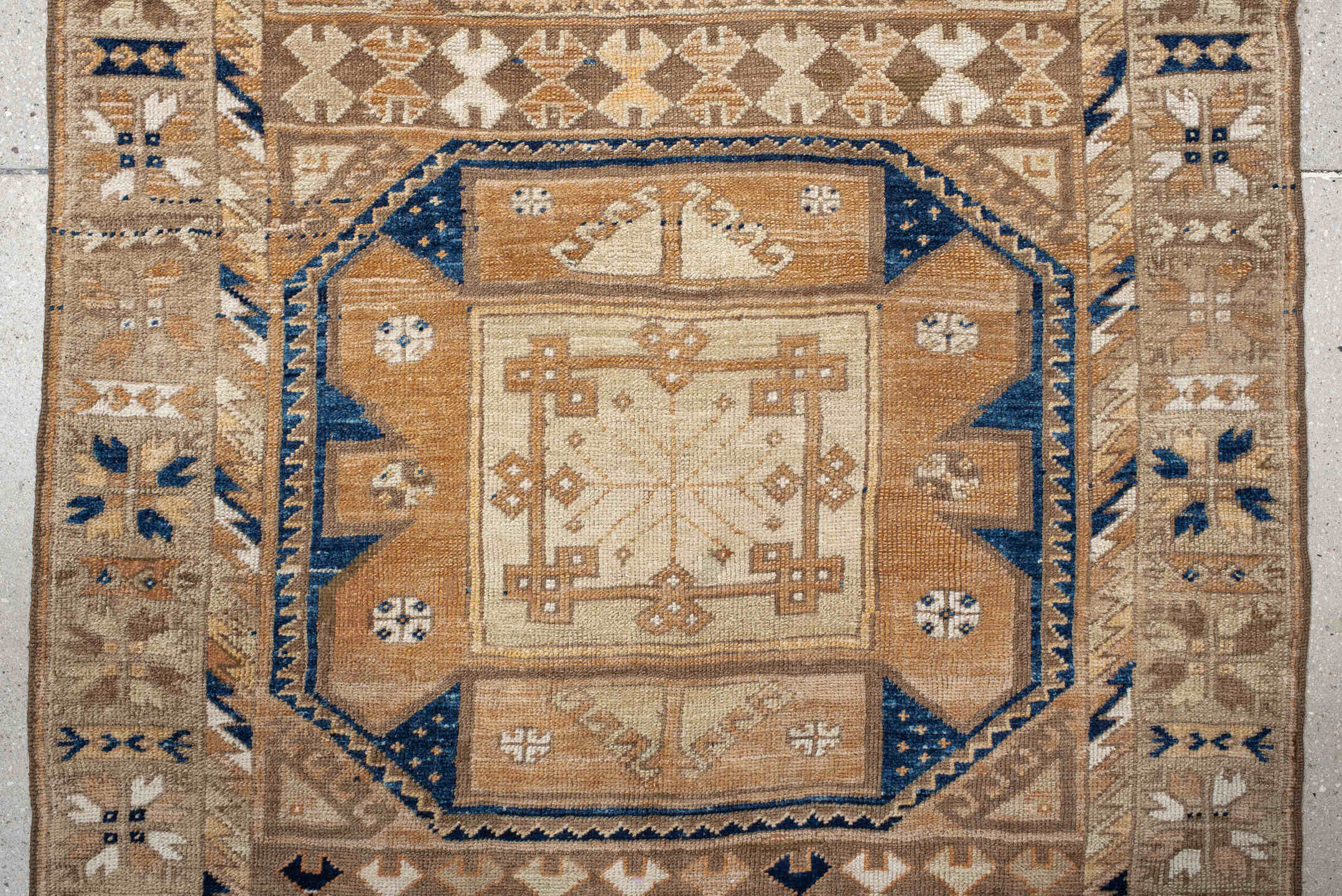 3' x 11' one-of-a-kind handmade vintage Oushak runner rug. Color palette: taupe, ivory, sand, navy, camel, beige, brown