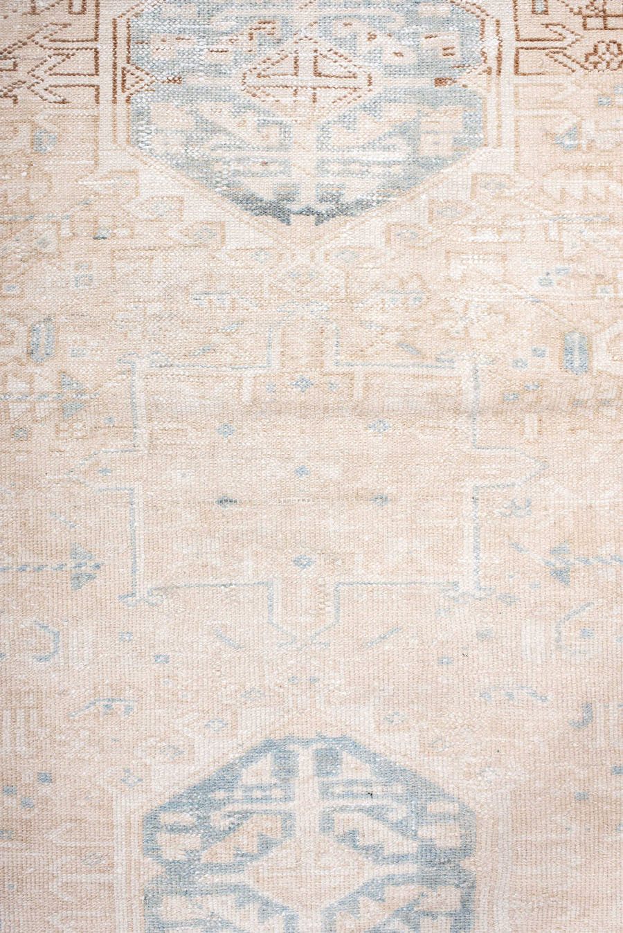3' x 13' one-of-a-kind handmade antique Karaje runner rug. Color palette: ivory, pale blue, beige, taupe, camel, light brown