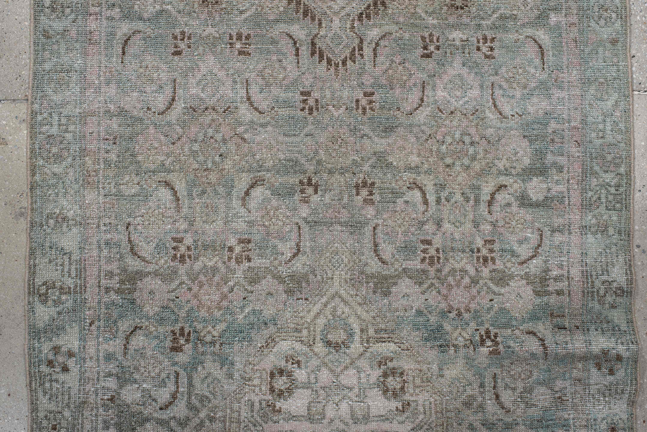 3' x 10' one-of-a-kind handmade antique Malayer runner rug. Color palette: ivory, pale aqua, taupe, brown, sage, beige, teal
