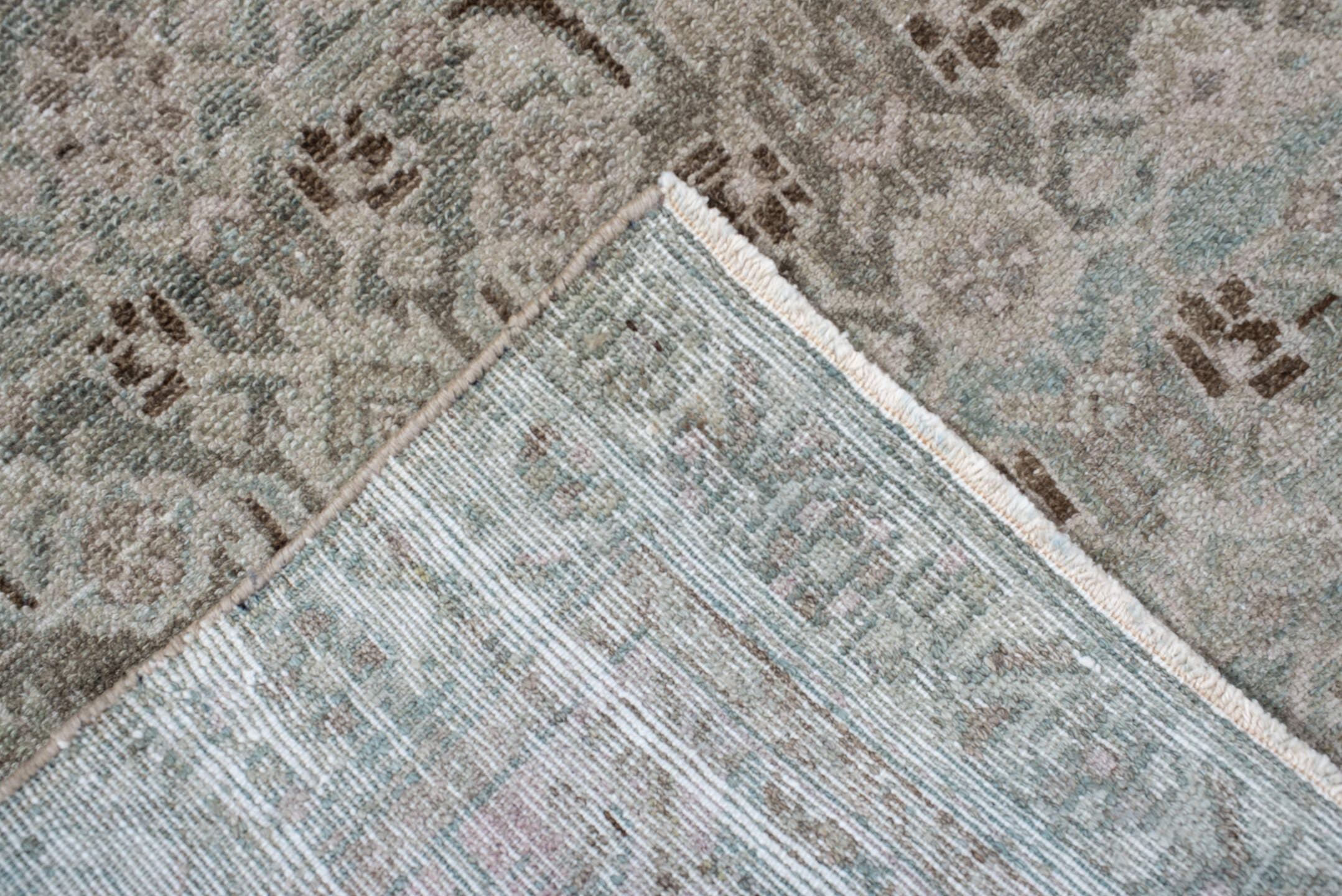 3' x 10' one-of-a-kind handmade antique Malayer runner rug. Color palette: ivory, pale aqua, taupe, brown, sage, beige, teal