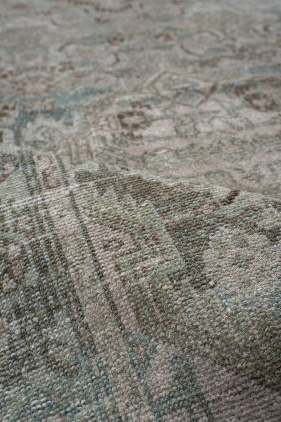 3' x 10' one-of-a-kind handmade antique Malayer runner rug. Color palette: ivory, pale aqua, taupe, brown, sage, beige, teal