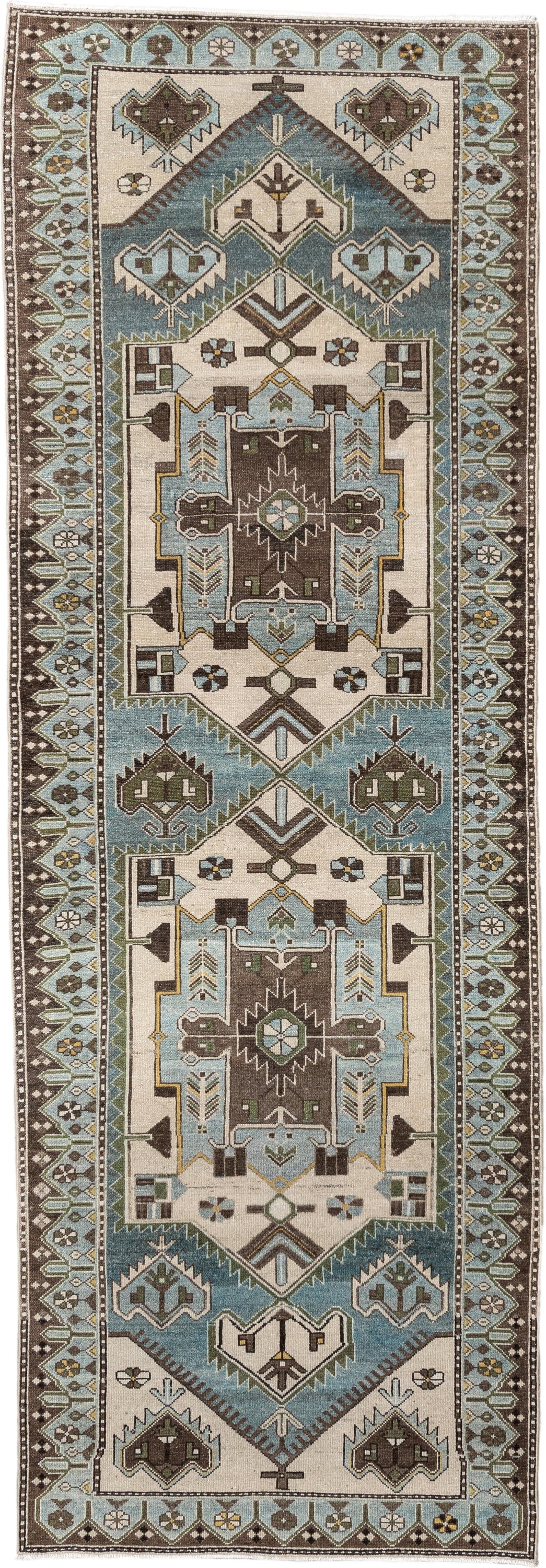 3' x 10' one-of-a-kind handmade antique Malayer runner rug. Color palette: ivory, powder blue, brown, taupe, gold, sage
