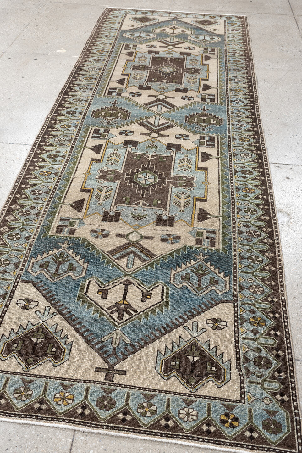 3' x 10' one-of-a-kind handmade antique Malayer runner rug. Color palette: ivory, powder blue, brown, taupe, gold, sage