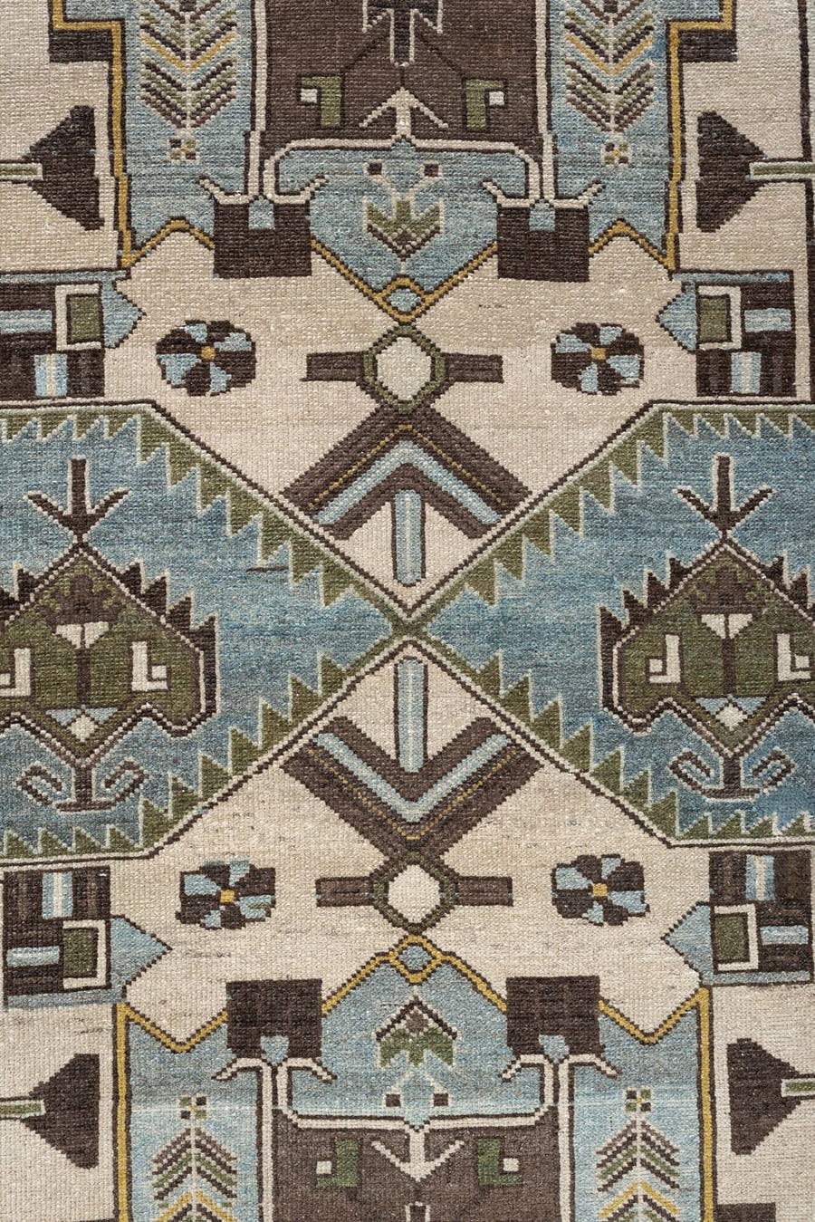3' x 10' one-of-a-kind handmade antique Malayer runner rug. Color palette: ivory, powder blue, brown, taupe, gold, sage
