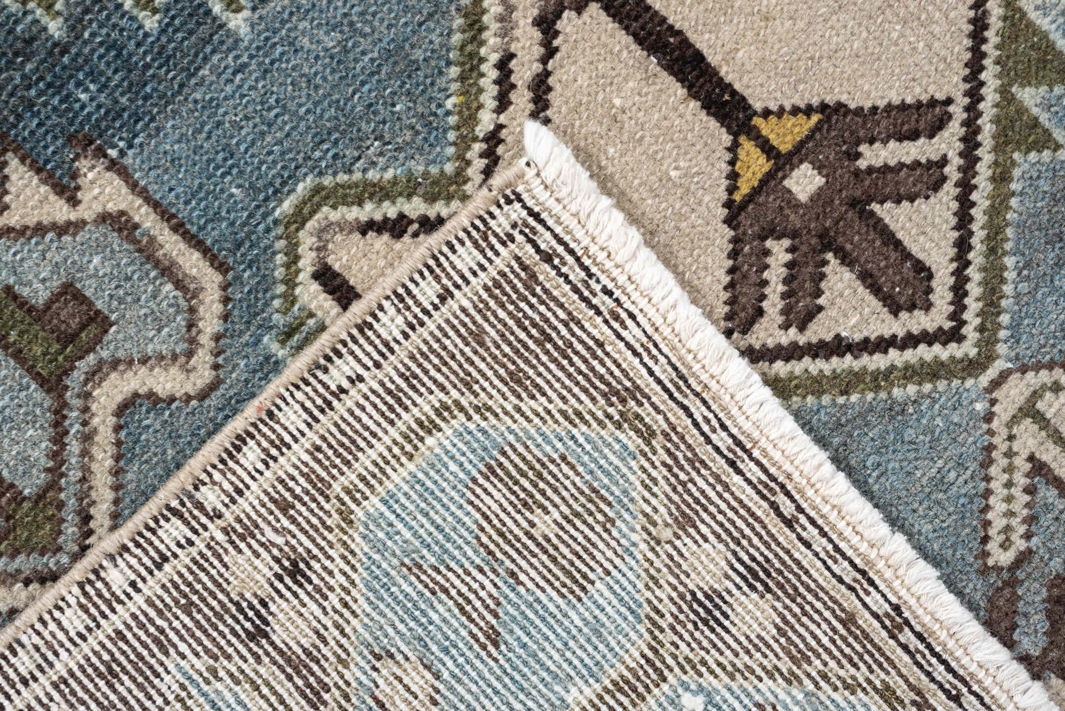 3' x 10' one-of-a-kind handmade antique Malayer runner rug. Color palette: ivory, powder blue, brown, taupe, gold, sage