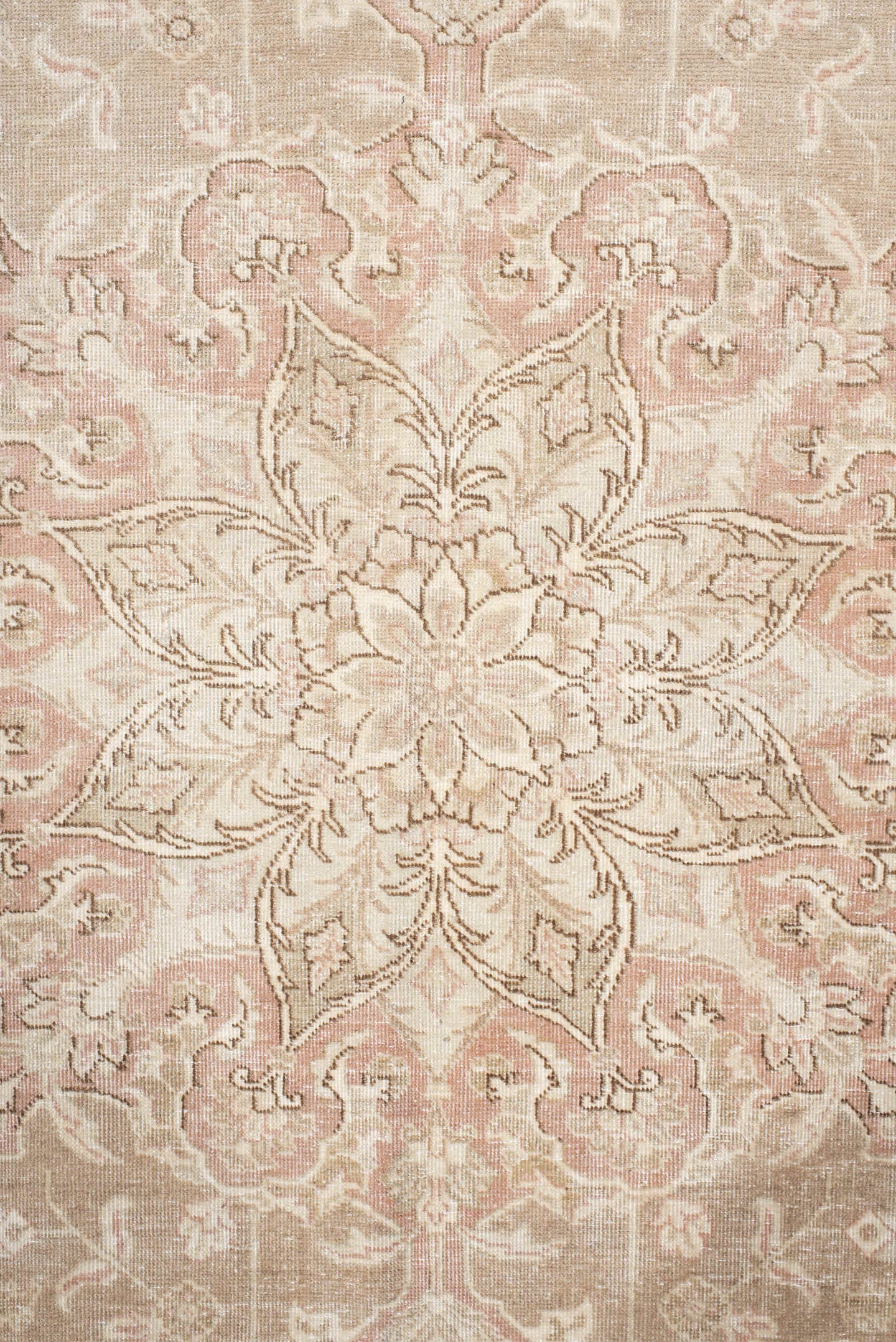 7' x 9' one-of-a-kind handmade vintage Tabriz rug. Color palette: ivory, blush, taupe, beige, sage, cream, pink, gray, green