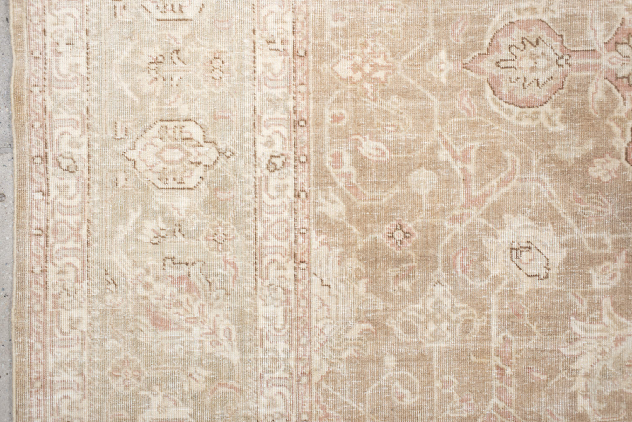 7' x 9' one-of-a-kind handmade vintage Tabriz rug. Color palette: ivory, blush, taupe, beige, sage, cream, pink, gray, green