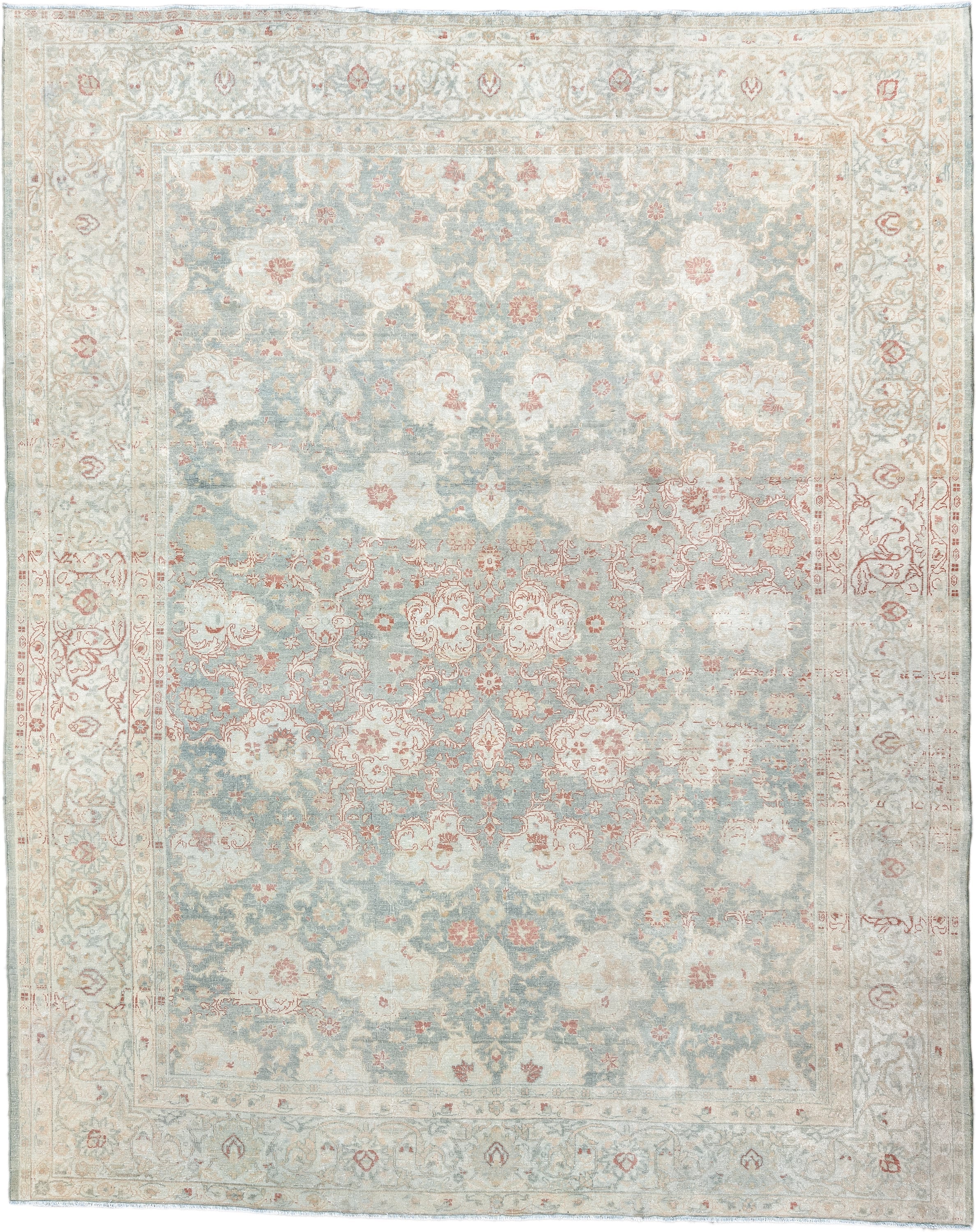 7' x 9' one-of-a-kind handmade vintage Tabriz large size rug. Color palette: ivory, pale blue, cream, rose, taupe, sage