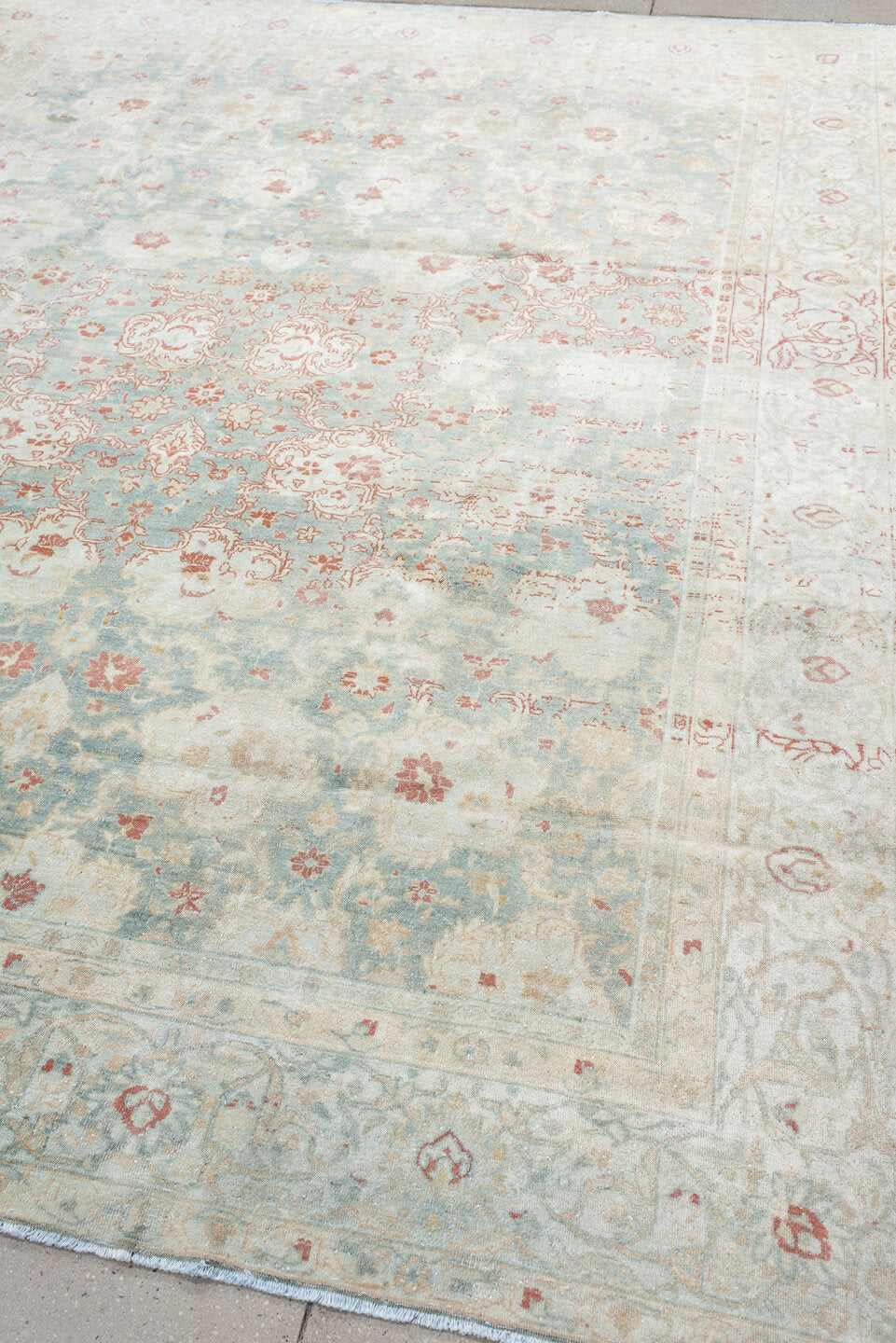 7' x 9' one-of-a-kind handmade vintage Tabriz large size rug. Color palette: ivory, pale blue, cream, rose, taupe, sage
