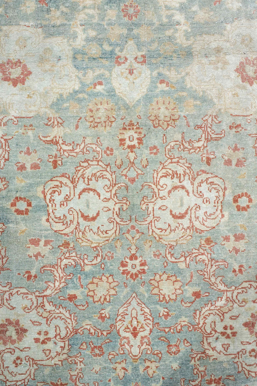 7' x 9' one-of-a-kind handmade vintage Tabriz large size rug. Color palette: ivory, pale blue, cream, rose, taupe, sage